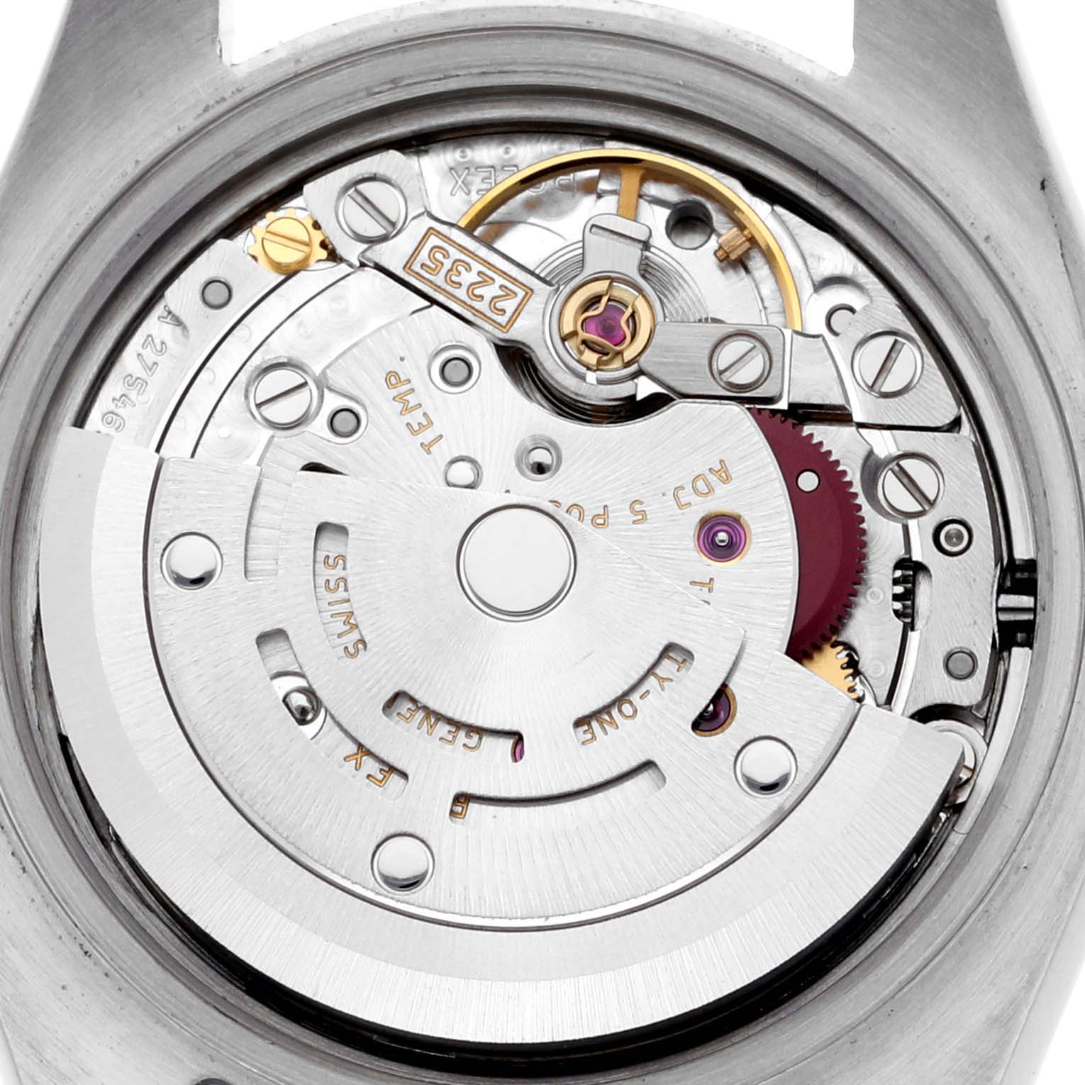 The image shows the movement mechanism of a Rolex Datejust 179174 Women's Stainless Steel Silver Dial 179174 Women's Stainless Steel Silver Dial watch from a back angle, highlighting its intricate inner workings.