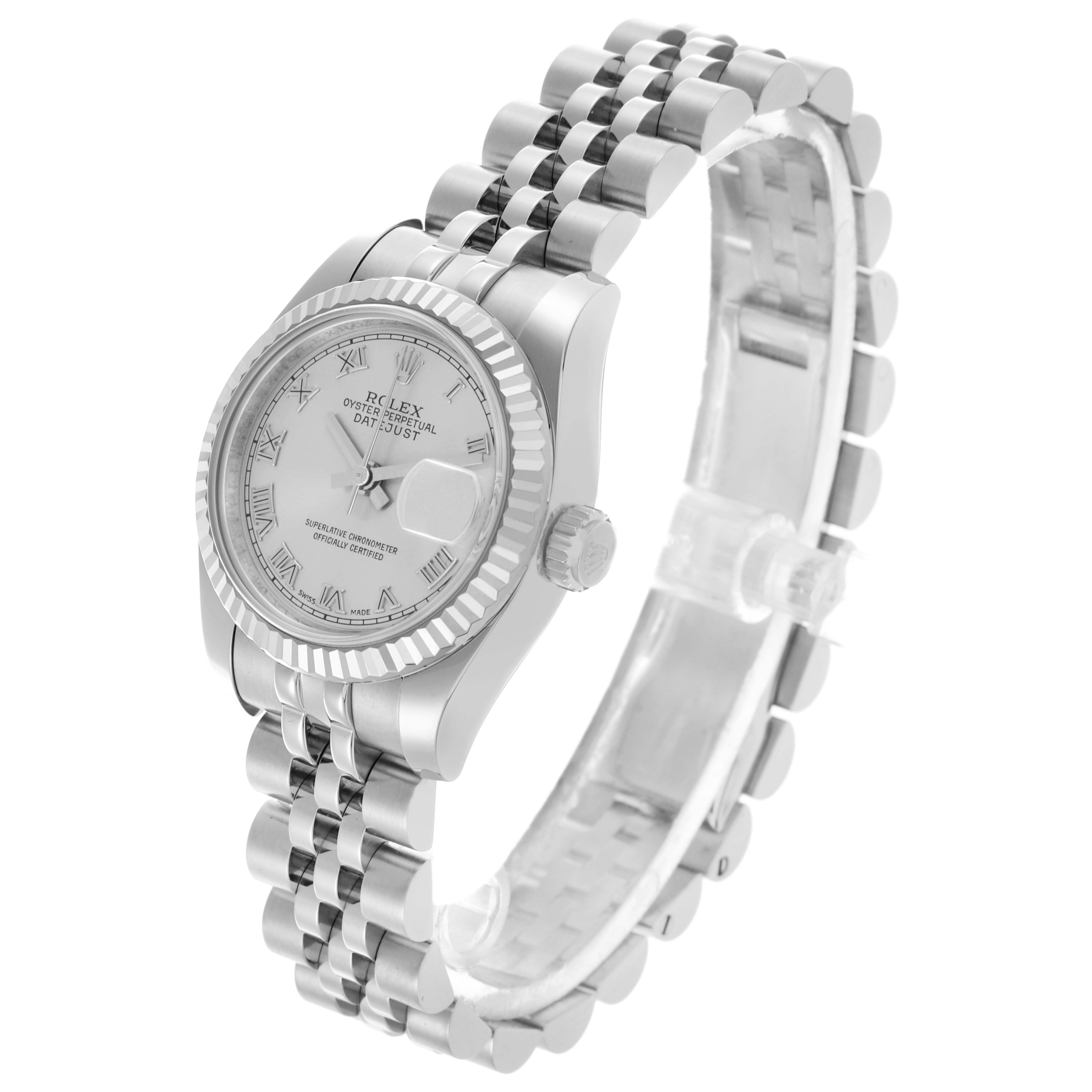 The Rolex Datejust 179174 Women's Stainless Steel Silver Dial 179174 Women's Stainless Steel Silver Dial watch is shown at a slight angle, displaying the dial, fluted bezel, crown, and Jubilee bracelet.