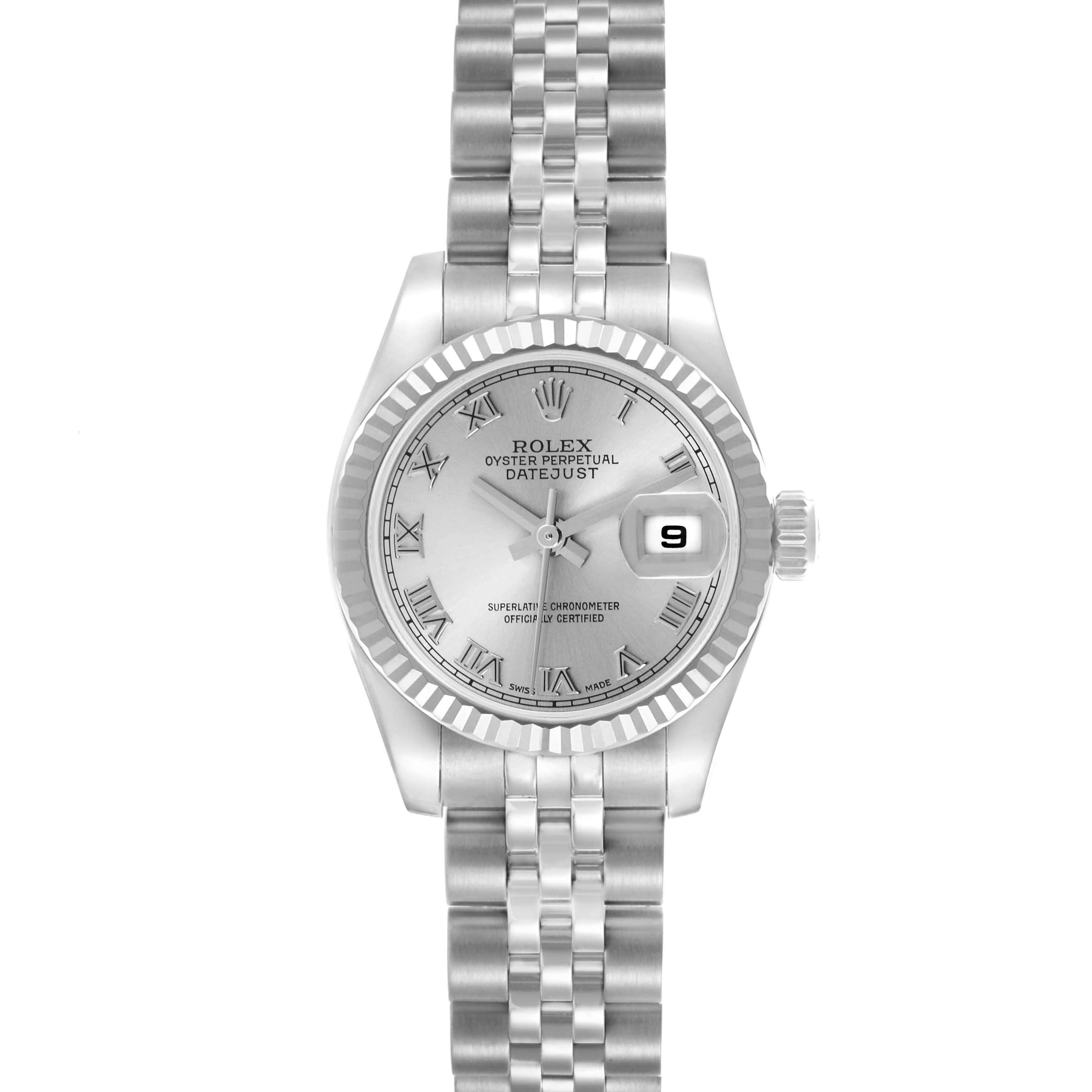 The Rolex Datejust 179174 Women's Stainless Steel Silver Dial 179174 Women's Stainless Steel Silver Dial watch is shown from a top-down angle, displaying the face, bezel, and bracelet in full view.