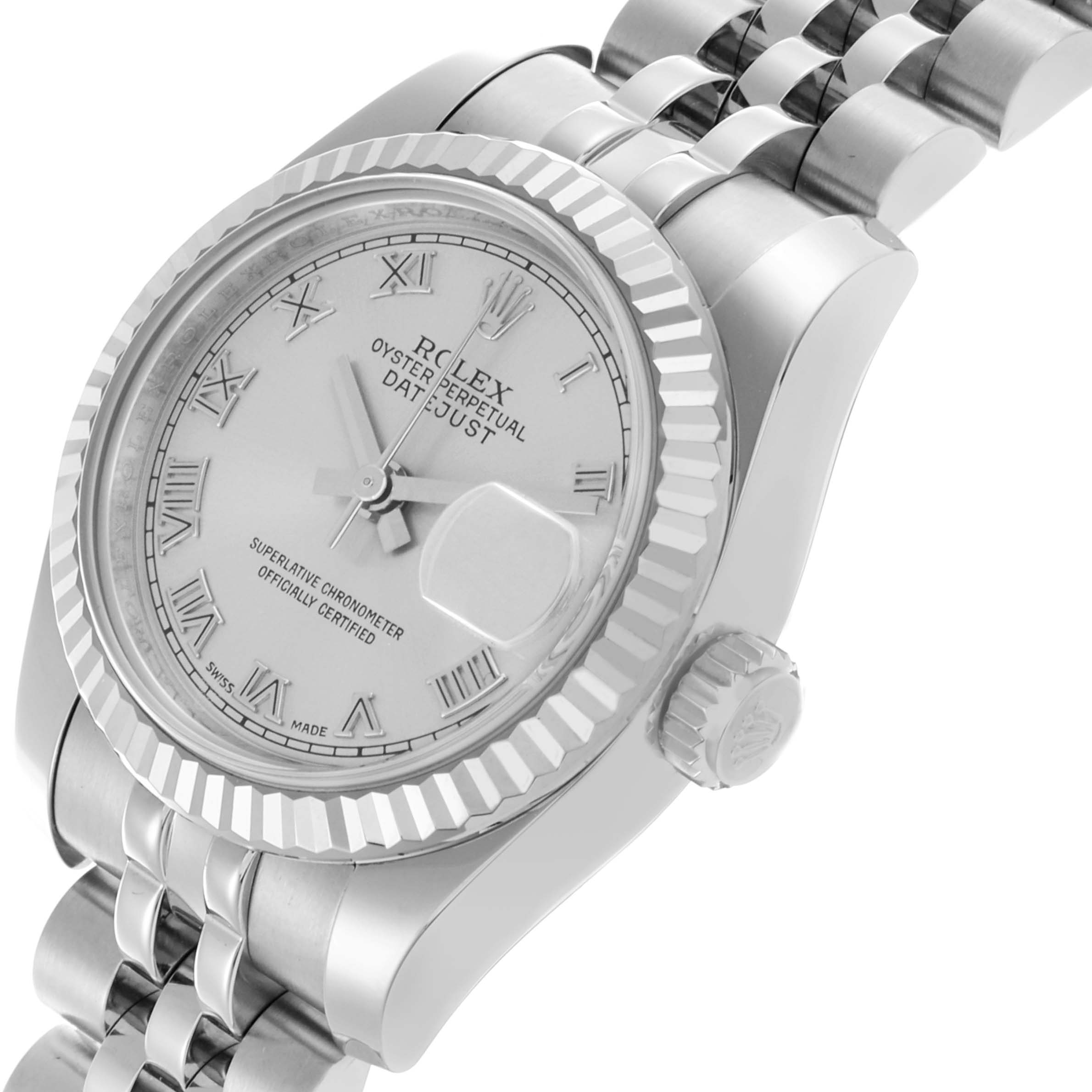 The Rolex Datejust 179174 Women's Stainless Steel Silver Dial 179174 Women's Stainless Steel Silver Dial is shown at an angled side view, displaying the dial, bezel, crown, and part of the bracelet.