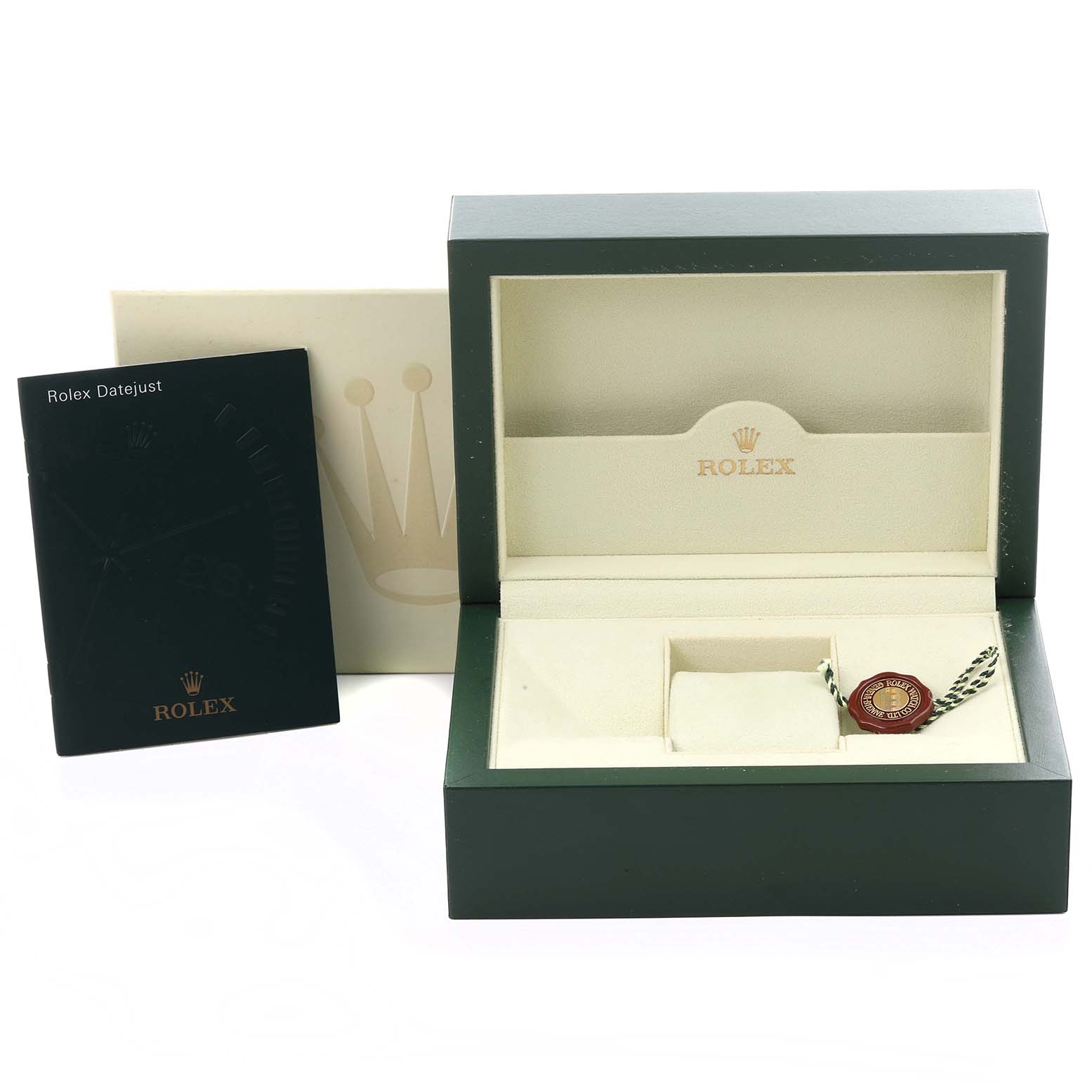 The image shows a Rolex Datejust 179174 Women's Stainless Steel Silver Dial 179174 Women's Stainless Steel Silver Dial packaging, featuring an open green box and a manual.