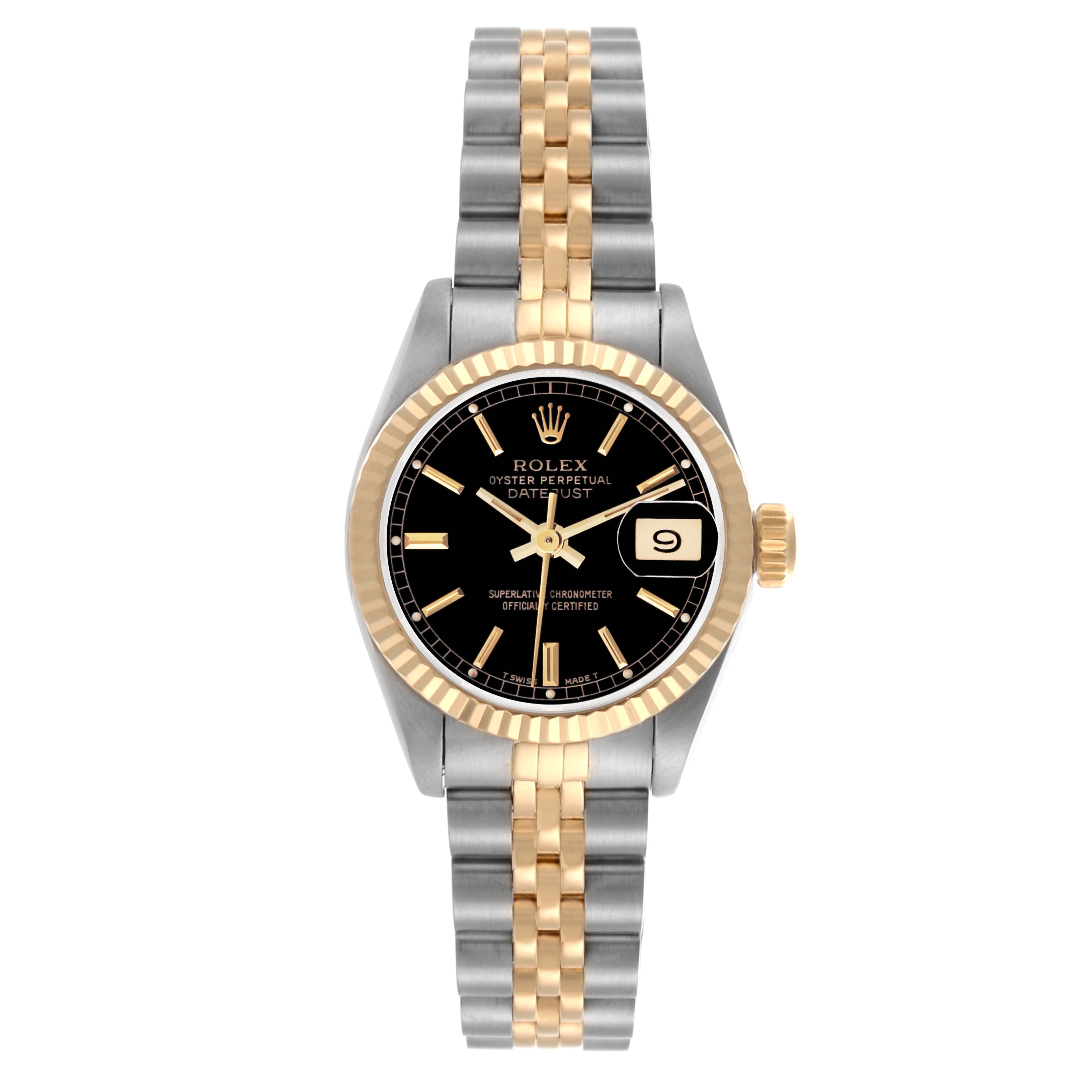 The Rolex Datejust 69173 Women's Steel and Gold (two tone) Black Dial 69173 Women's Steel and Gold (two tone) Black Dial watch is shown from a top-down angle, highlighting the dial, bezel, crown, and two-tone bracelet.