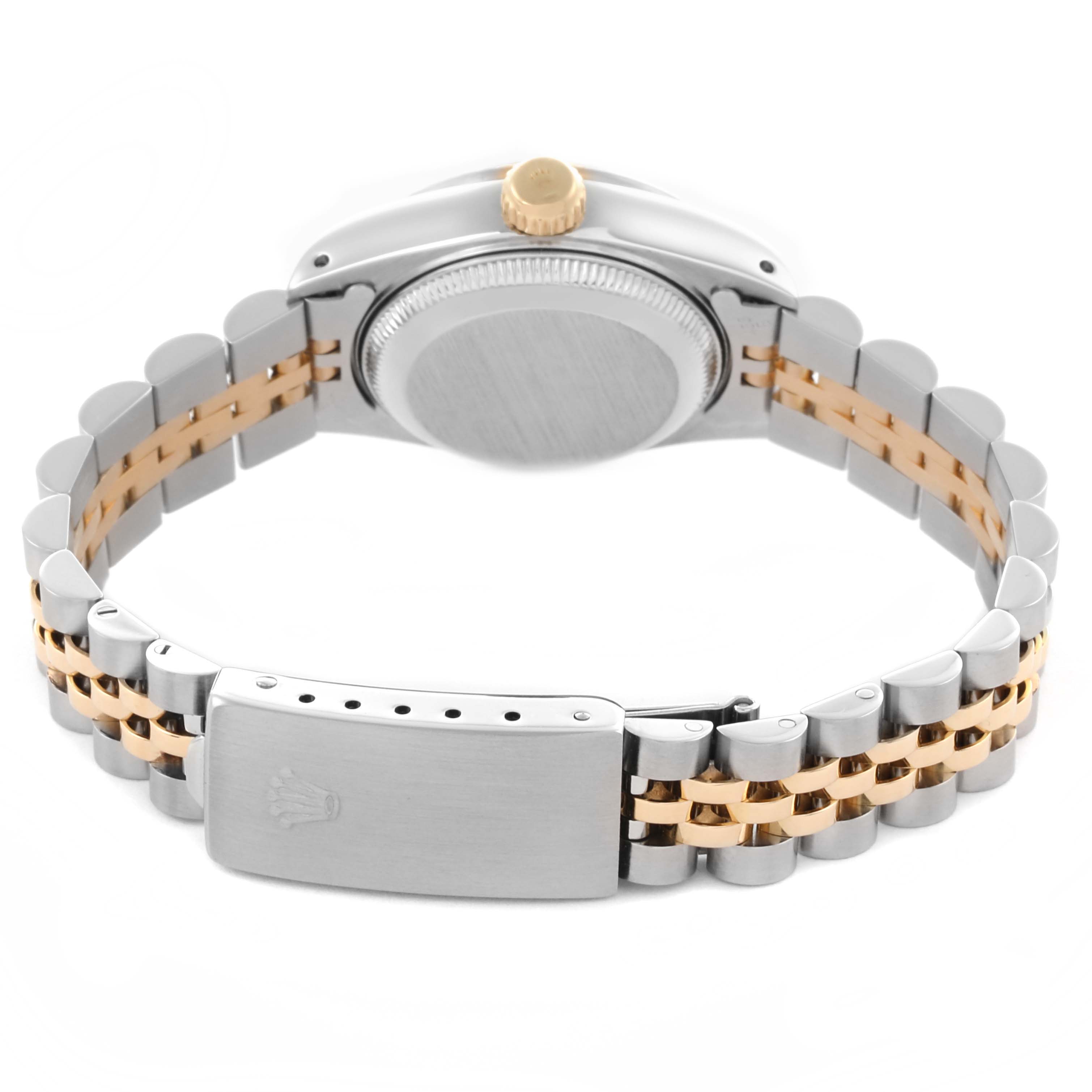 The image shows the back view of a Rolex Datejust 69173 Women's Steel and Gold (two tone) Black Dial 69173 Women's Steel and Gold (two tone) Black Dial, highlighting the clasp and bracelet.