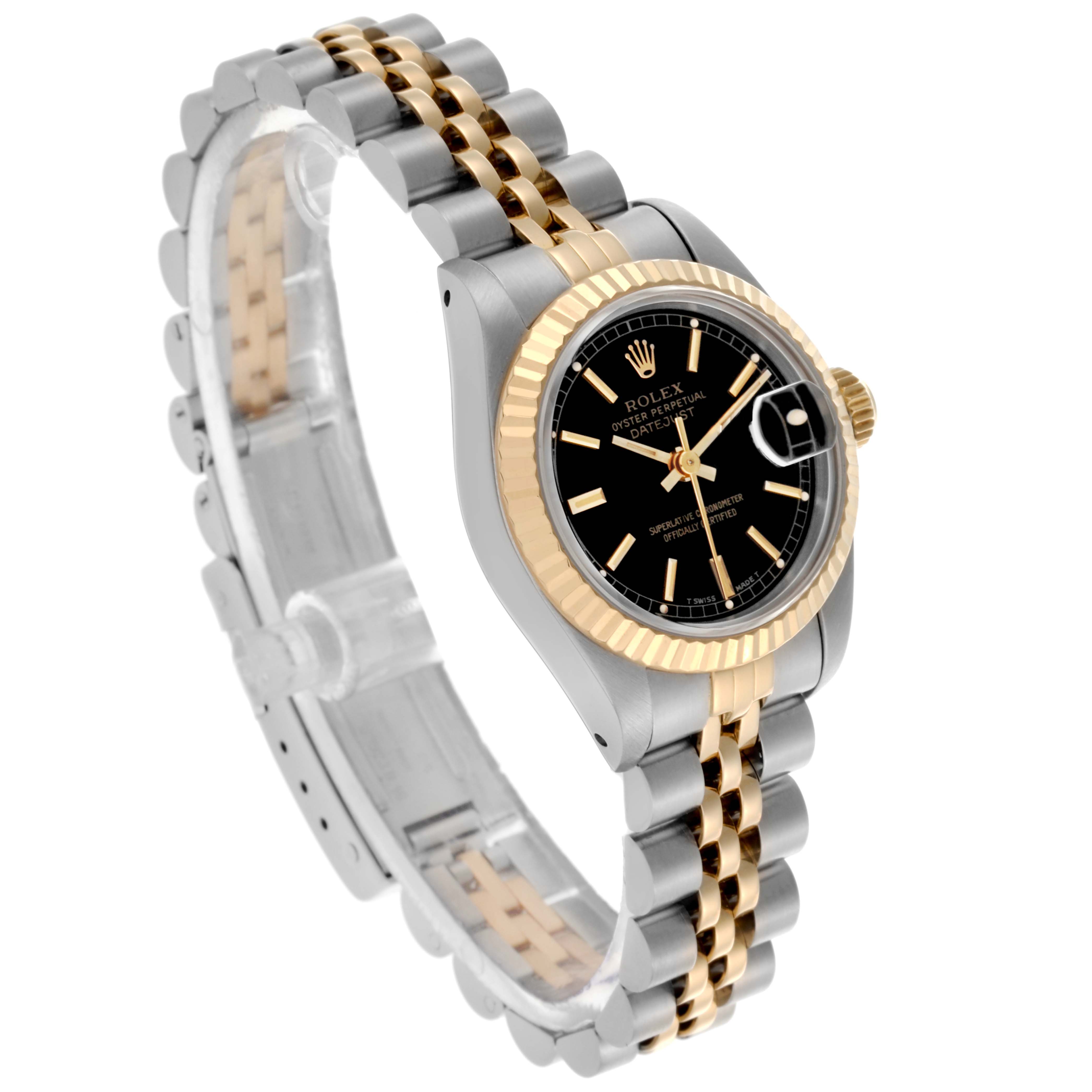 The Rolex Datejust 69173 Women's Steel and Gold (two tone) Black Dial 69173 Women's Steel and Gold (two tone) Black Dial watch is shown from a front-right angle, highlighting its bezel, dial, and Jubilee bracelet.