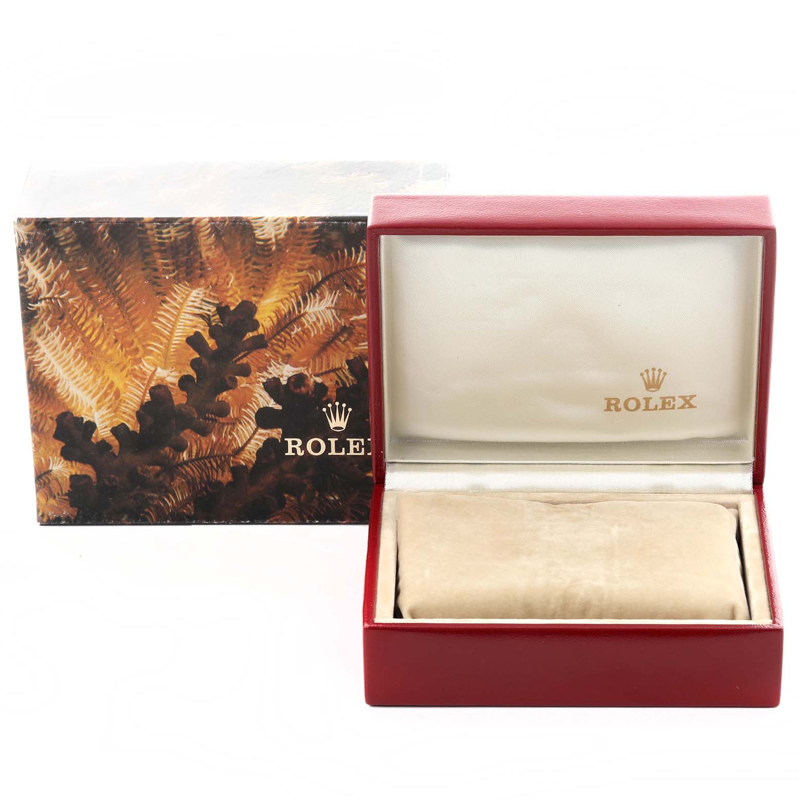 The image shows an empty Rolex Datejust 69173 Women's Steel and Gold (two tone) Black Dial 69173 Women's Steel and Gold (two tone) Black Dial watch box and outer packaging from a frontal angle.