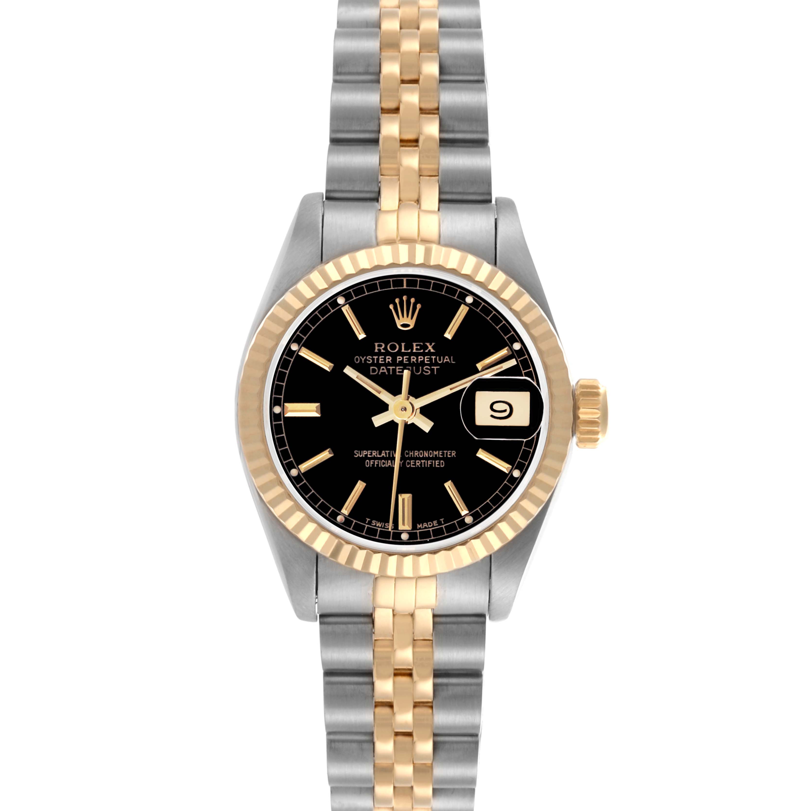 The Rolex Datejust 69173 Women's Steel and Gold (two tone) Black Dial 69173 Women's Steel and Gold (two tone) Black Dial watch is shown from a front angle, displaying the face, bezel, and bracelet.
