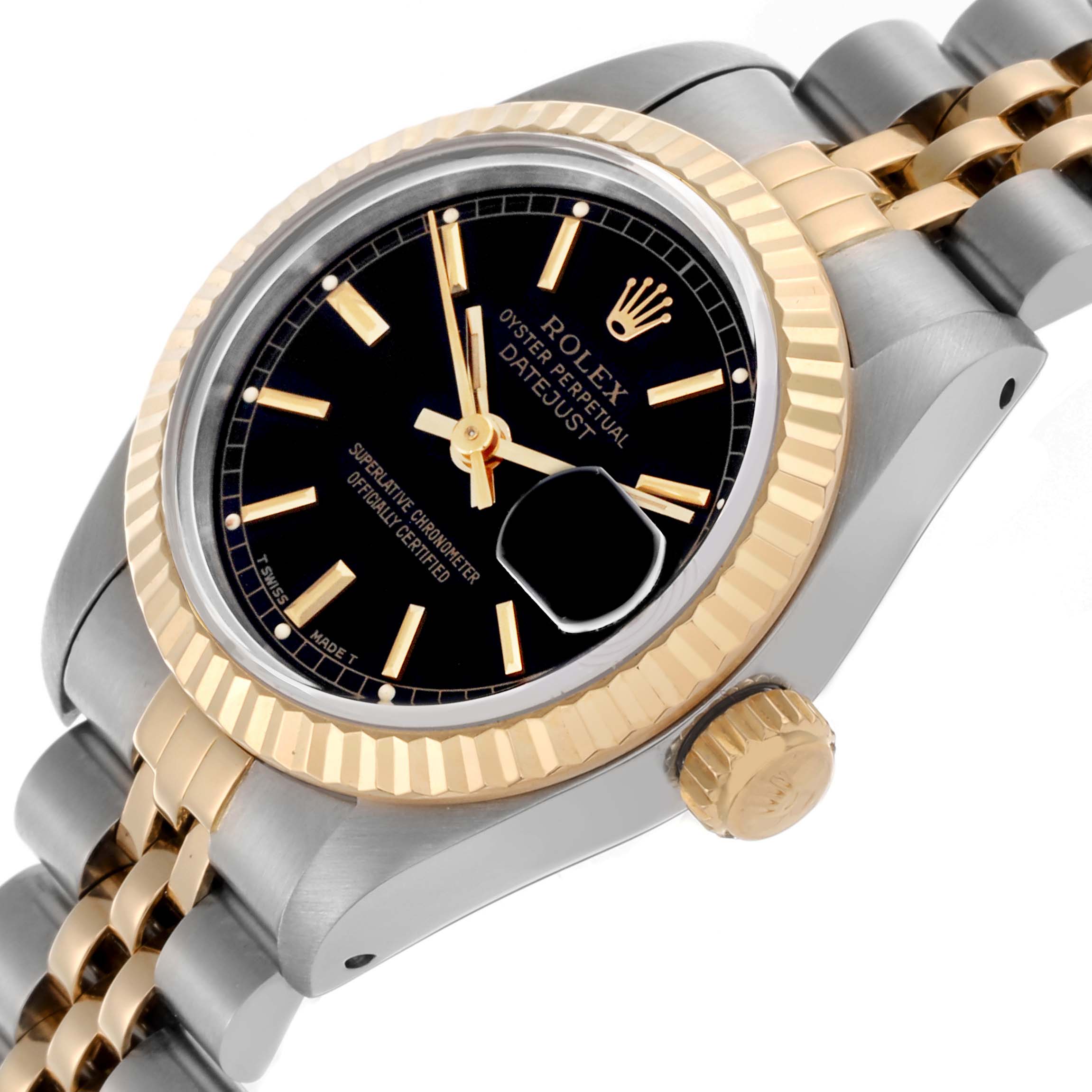 The Rolex Datejust 69173 Women's Steel and Gold (two tone) Black Dial 69173 Women's Steel and Gold (two tone) Black Dial is shown at an angled view, highlighting the bezel, crown, dial, and part of the bracelet.