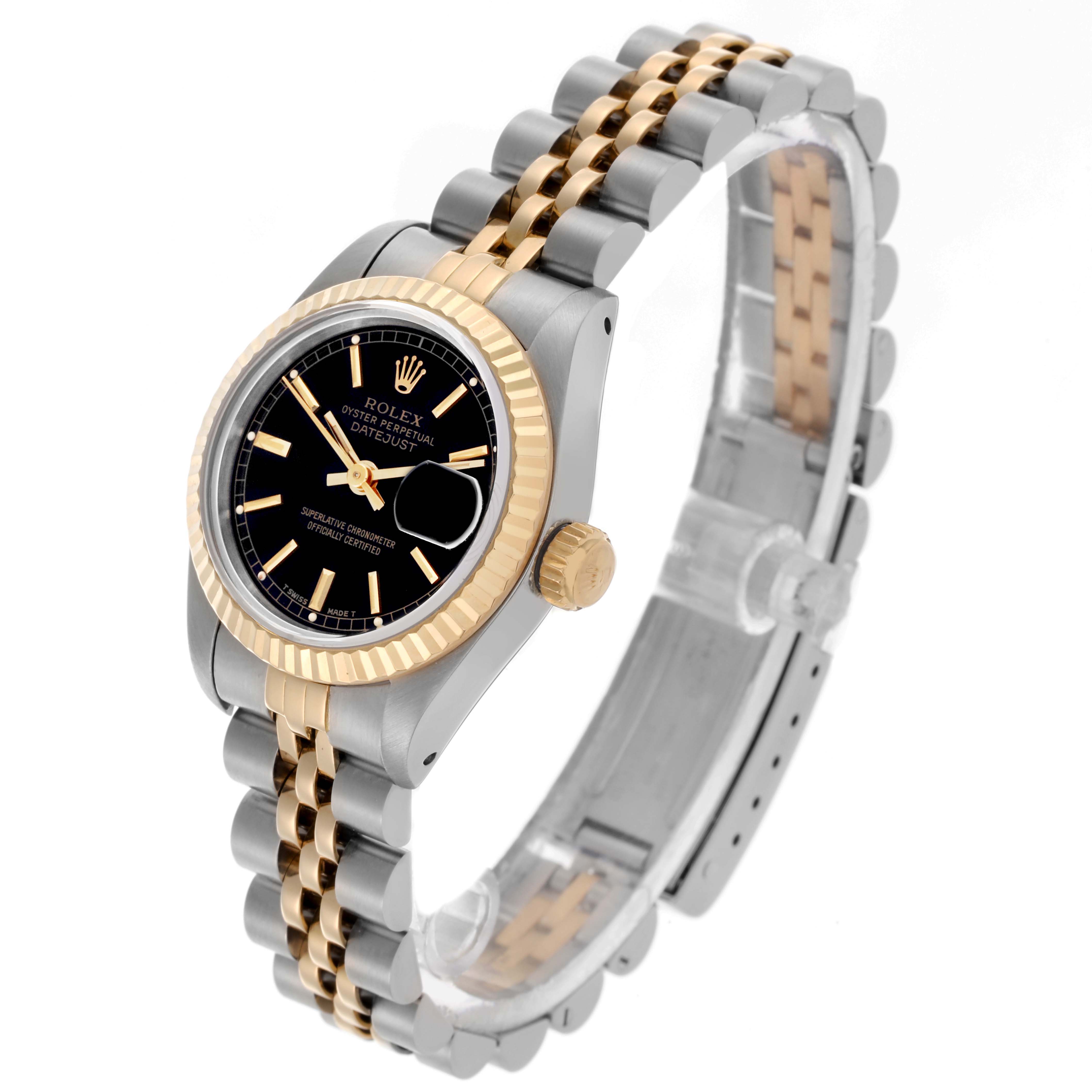 The Rolex Datejust 69173 Women's Steel and Gold (two tone) Black Dial 69173 Women's Steel and Gold (two tone) Black Dial watch is shown at an angled side view, displaying the face, bezel, and two-tone bracelet.