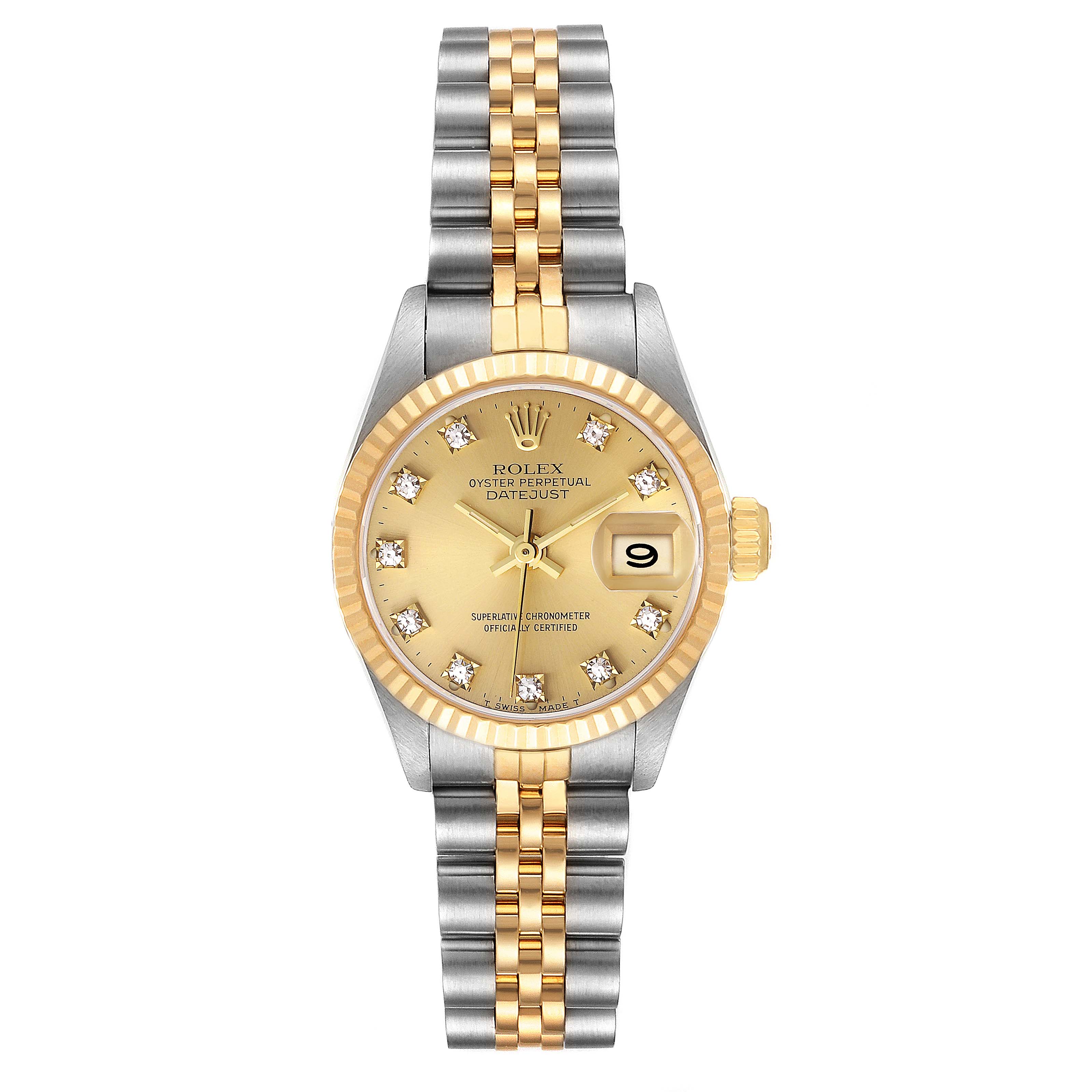 The Rolex Datejust 69173 Women's Steel and Gold (two tone) Champagne Dial 69173 Women's Steel and Gold (two tone) Champagne Dial watch is shown from a top view, highlighting its two-tone bracelet, gold dial, and date display at 3 o'clock.
