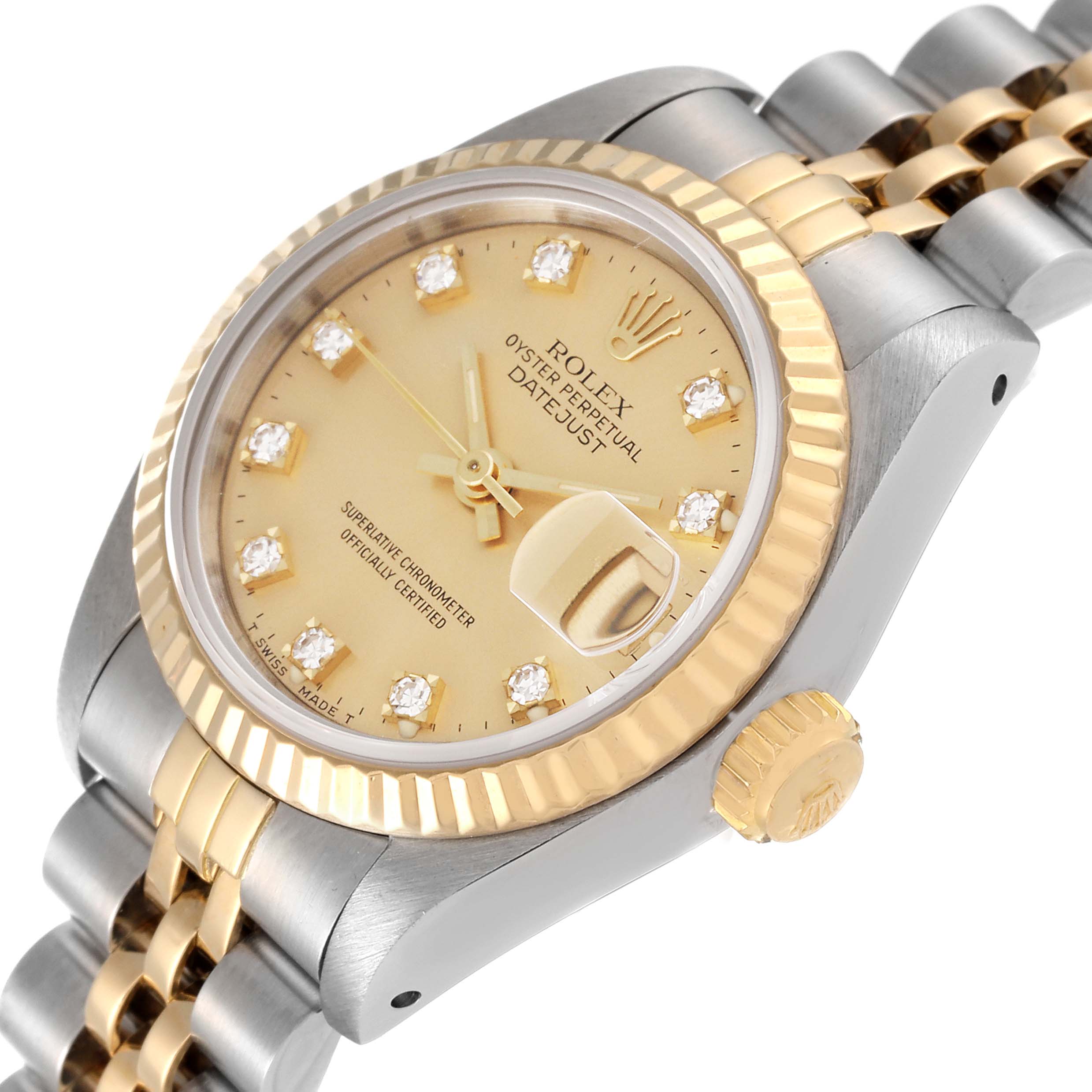 This image shows a Rolex Datejust 69173 Women's Steel and Gold (two tone) Champagne Dial 69173 Women's Steel and Gold (two tone) Champagne Dial watch at an oblique angle, highlighting its dial, bezel, crown, and bracelet.