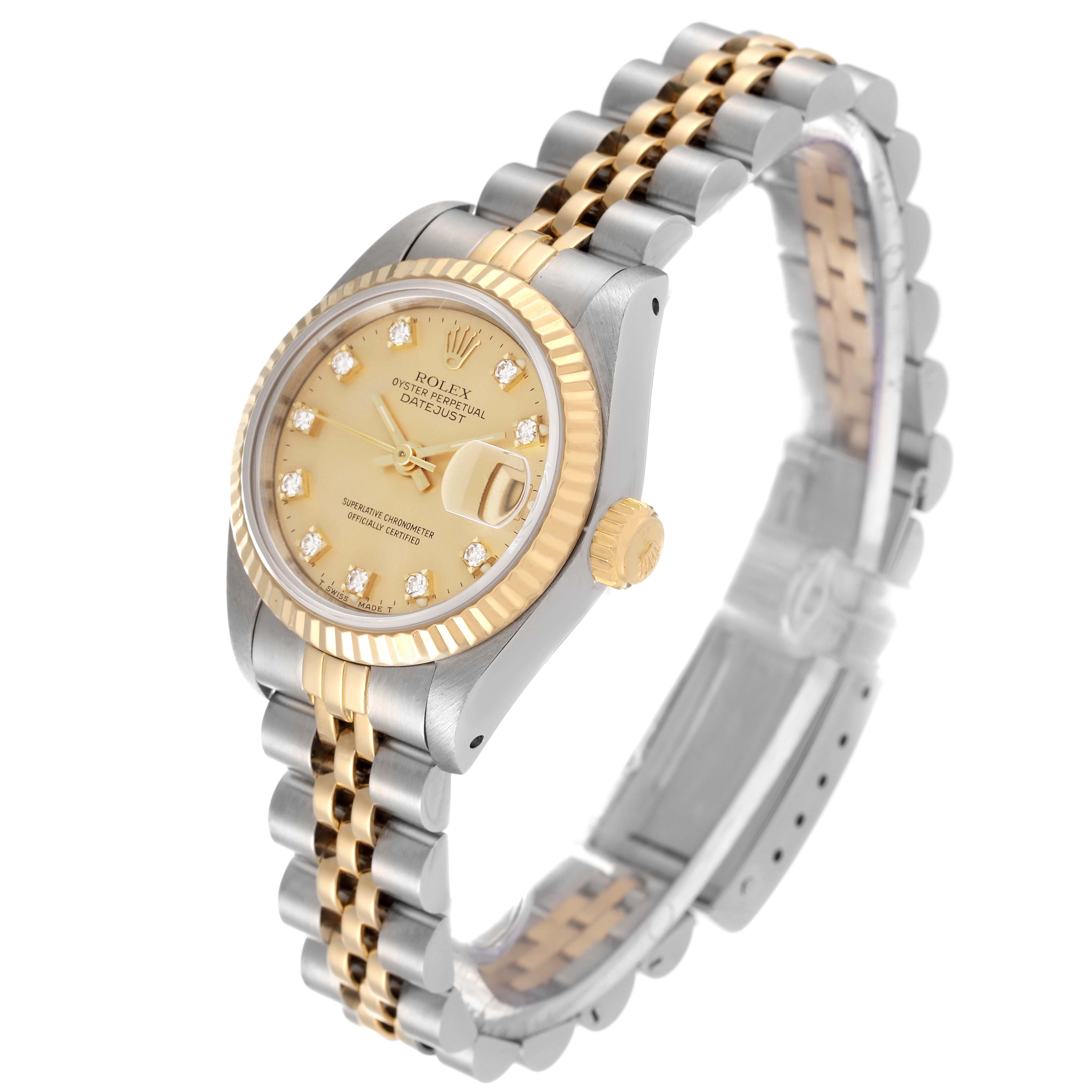 This Rolex Datejust 69173 Women's Steel and Gold (two tone) Champagne Dial 69173 Women's Steel and Gold (two tone) Champagne Dial watch is shown at an angle highlighting the dial, bezel, crown, and bracelet.