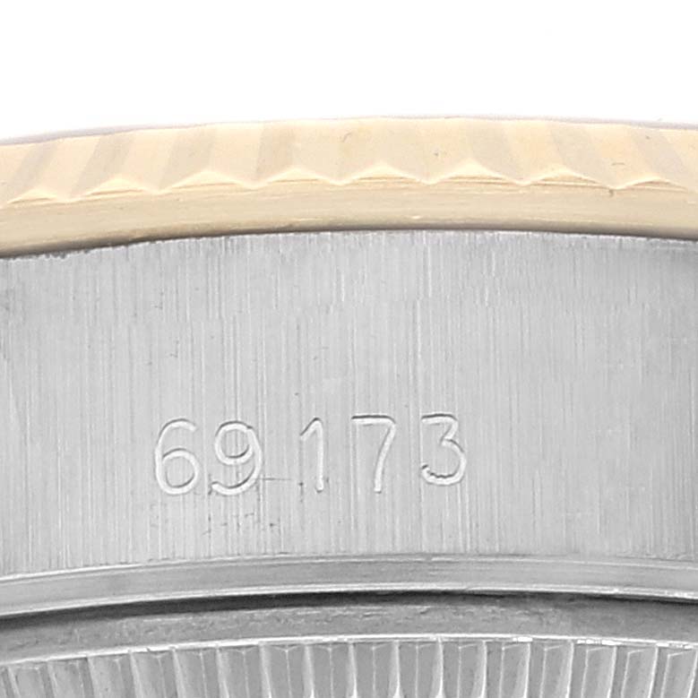 The image shows a close-up of the bezel and case of a Rolex Datejust 69173 Women's Steel and Gold (two tone) Champagne Dial 69173 Women's Steel and Gold (two tone) Champagne Dial watch, specifically highlighting the model number "69173".