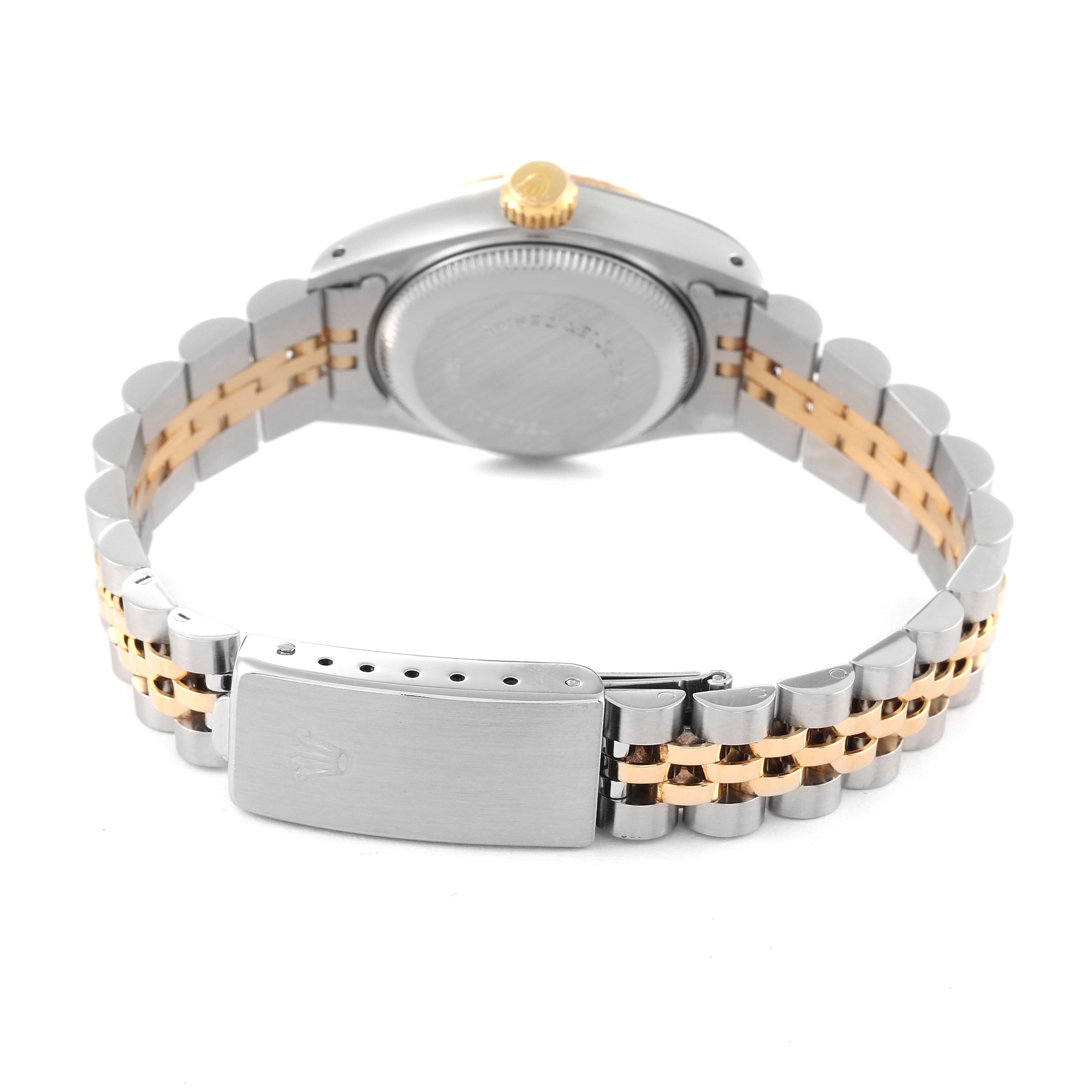 The image shows the rear view of a Rolex Datejust 69173 Women's Steel and Gold (two tone) Champagne Dial 69173 Women's Steel and Gold (two tone) Champagne Dial watch, focusing on the case back, crown, and bracelet.