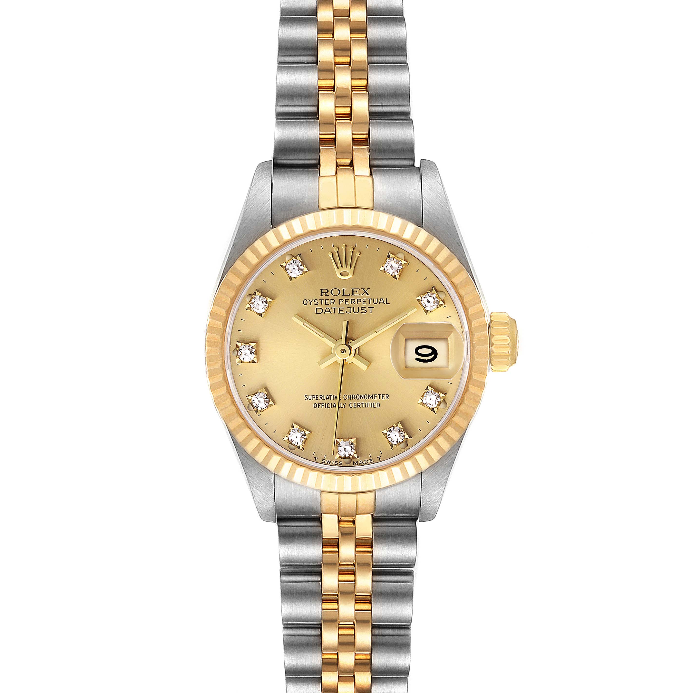 This is a front view of a Rolex Datejust 69173 Women's Steel and Gold (two tone) Champagne Dial 69173 Women's Steel and Gold (two tone) Champagne Dial watch, showing its face, bezel, and bracelet.