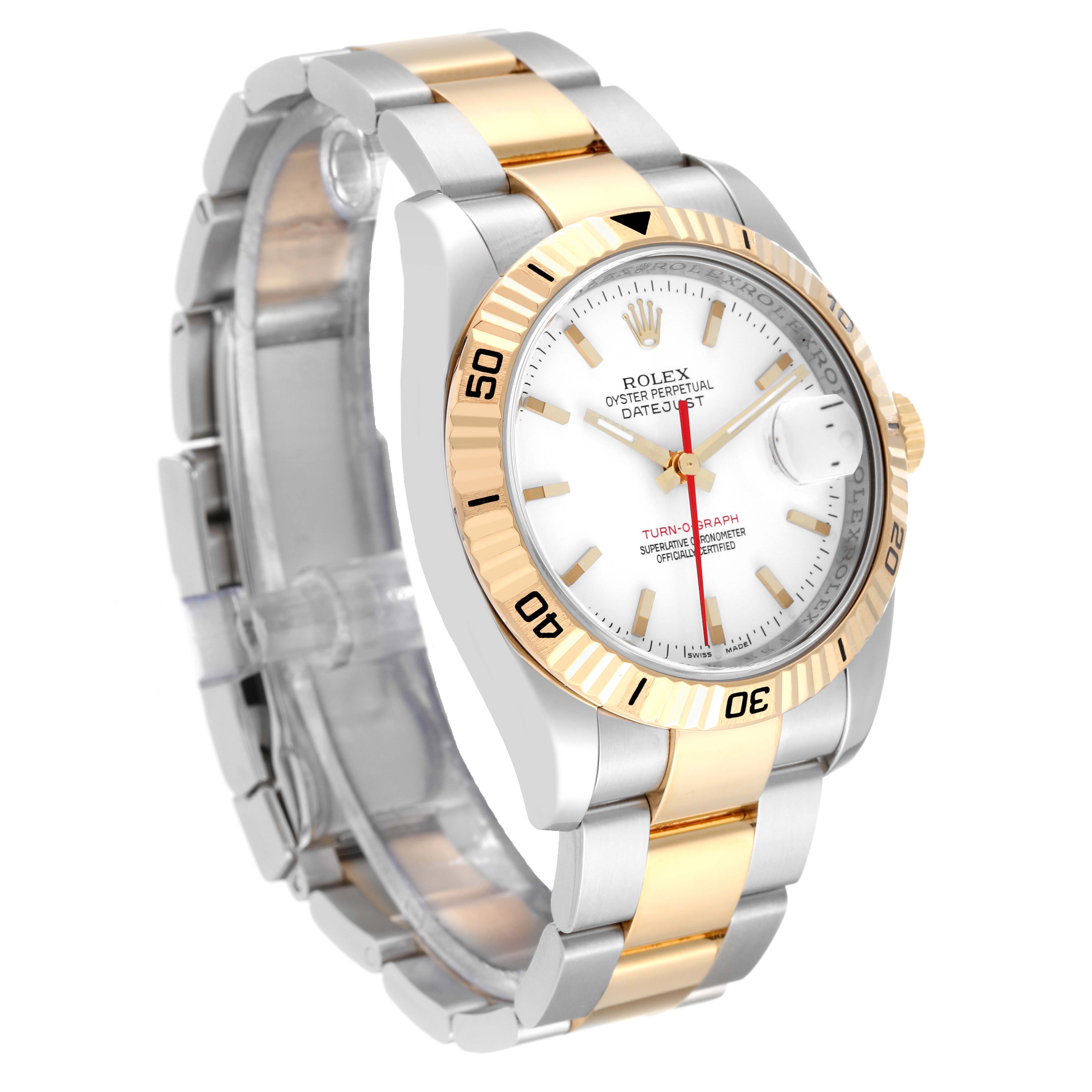 The image shows a Rolex Turn-o-Graph 116263 Men
s Steel and Gold (two tone) White Dial 116263 Men
s Steel and Gold (two tone) White Dial watch at a three-quarter angle, highlighting the dial, bezel, and bracelet.
