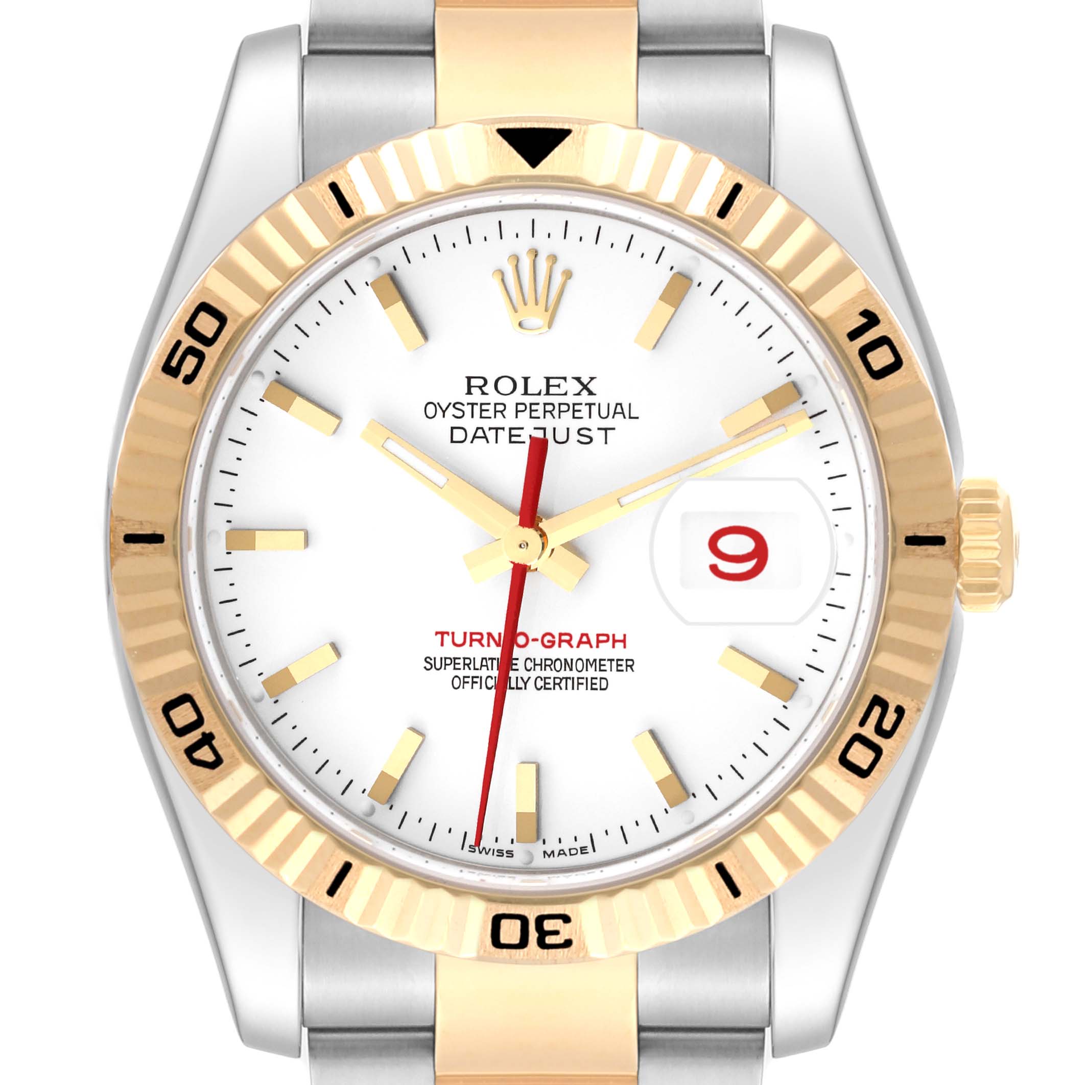 The image shows a front view of a Rolex Turn-o-Graph 116263 Men
s Steel and Gold (two tone) White Dial 116263 Men
s Steel and Gold (two tone) White Dial watch, highlighting the dial, bezel, hands, and date window.