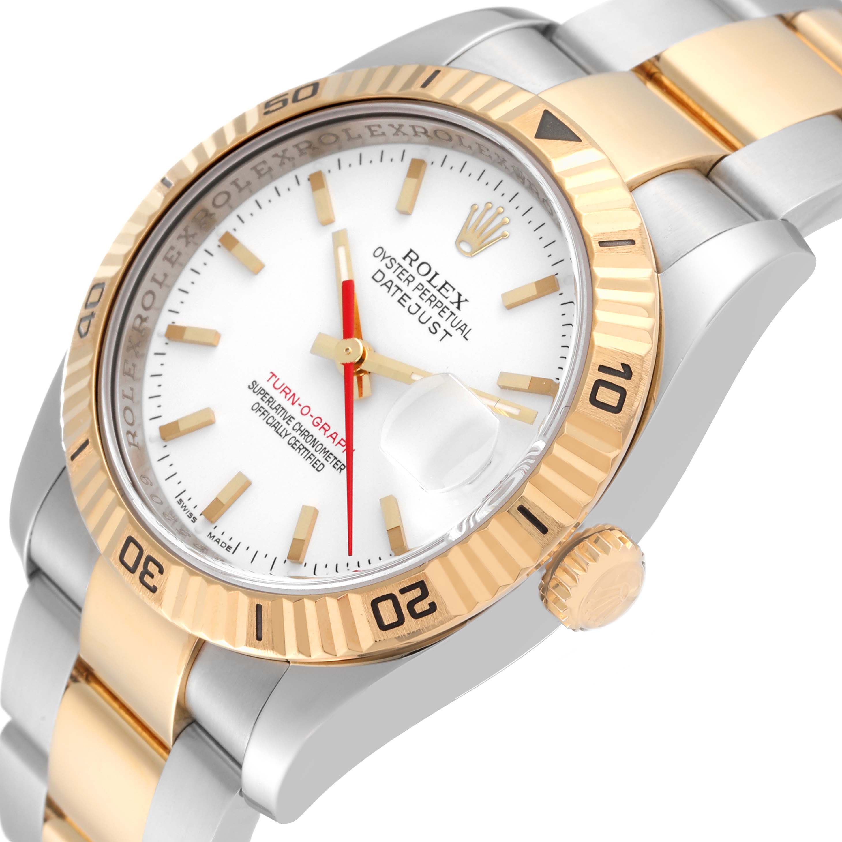 The image shows a Rolex Turn-o-Graph 116263 Men
s Steel and Gold (two tone) White Dial 116263 Men
s Steel and Gold (two tone) White Dial watch from an angled close-up of the bezel, dial, and part of the bracelet.