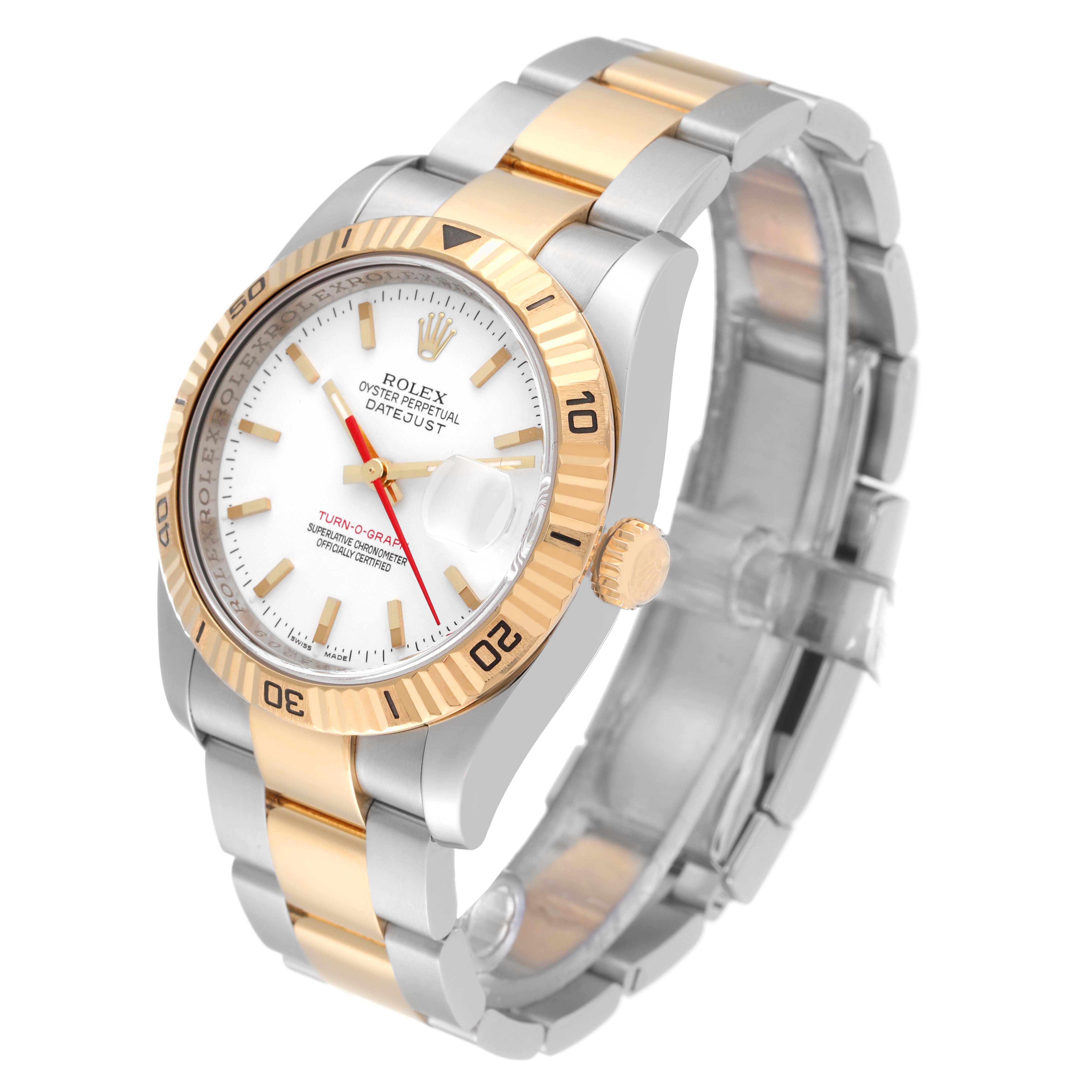 This image shows a Rolex Turn-o-Graph 116263 Men
s Steel and Gold (two tone) White Dial 116263 Men
s Steel and Gold (two tone) White Dial model watch at a three-quarter angle, highlighting its dial, bezel, and bracelet.