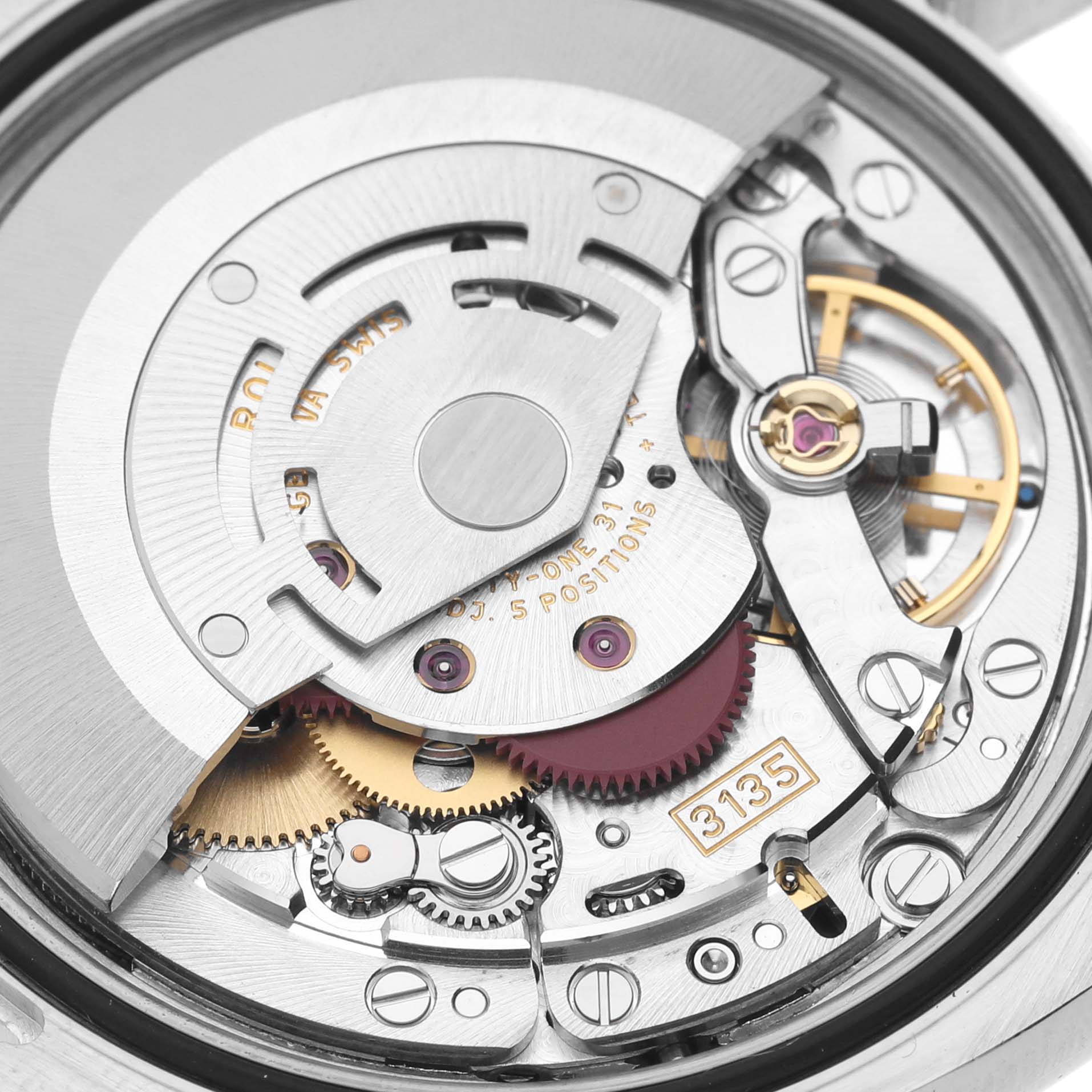 This image shows the internal mechanical movement of a Rolex Turn-o-Graph 116263 Men
s Steel and Gold (two tone) White Dial 116263 Men
s Steel and Gold (two tone) White Dial watch at an angle, highlighting gears and the rotor.