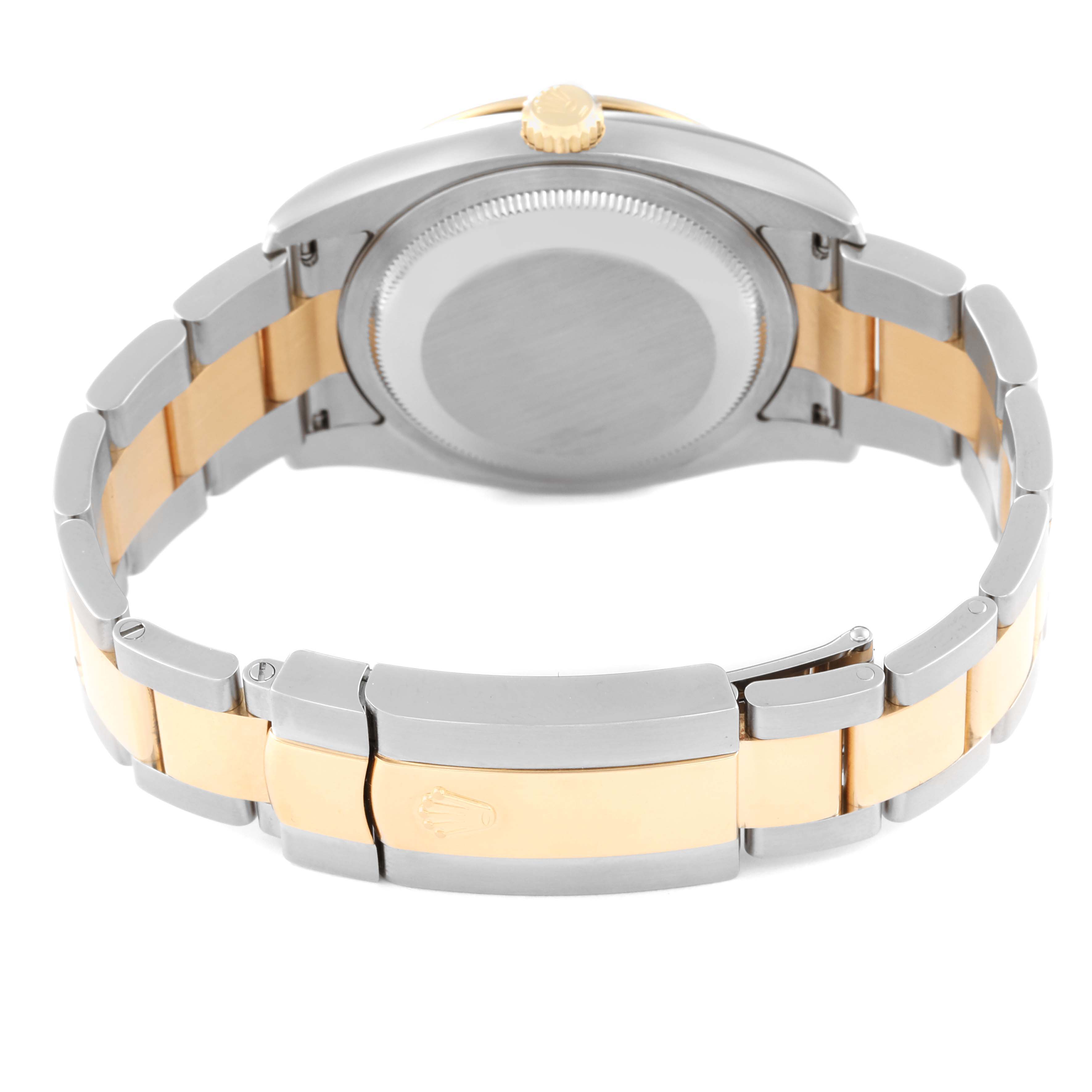 The image shows the back and bracelet of the Rolex Turn-o-Graph 116263 Men
s Steel and Gold (two tone) White Dial 116263 Men
s Steel and Gold (two tone) White Dial watch from a rear angle.