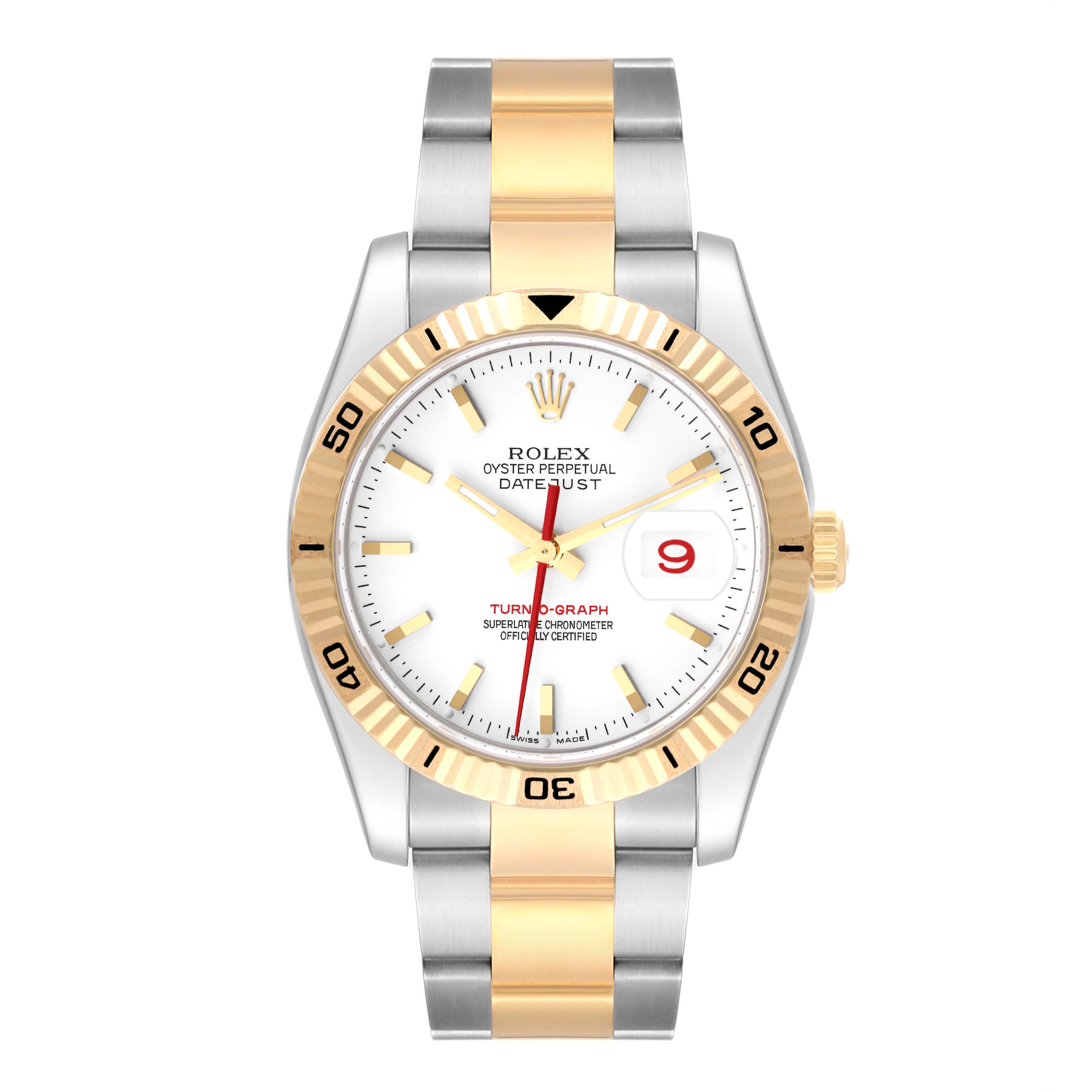 The Rolex Turn-o-Graph 116263 Men
s Steel and Gold (two tone) White Dial 116263 Men
s Steel and Gold (two tone) White Dial watch is shown from the front, displaying its face, bezel, bracelet, and crown.
