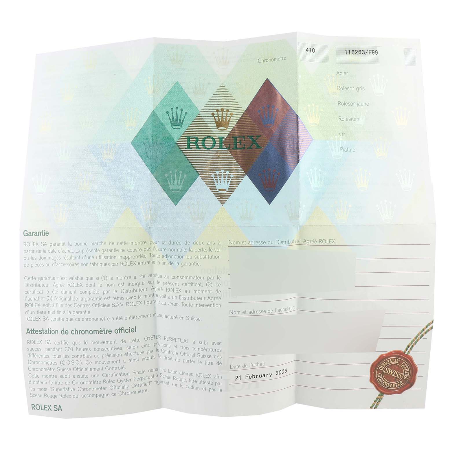 The image shows the official warranty and certification paperwork for the Rolex Turn-o-Graph 116263 Men
s Steel and Gold (two tone) White Dial 116263 Men
s Steel and Gold (two tone) White Dial model.