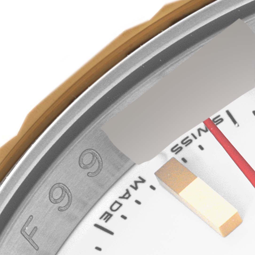 The image shows a close-up of the dial, bezel, and indices of a Rolex Turn-o-Graph 116263 Men
s Steel and Gold (two tone) White Dial 116263 Men
s Steel and Gold (two tone) White Dial watch.