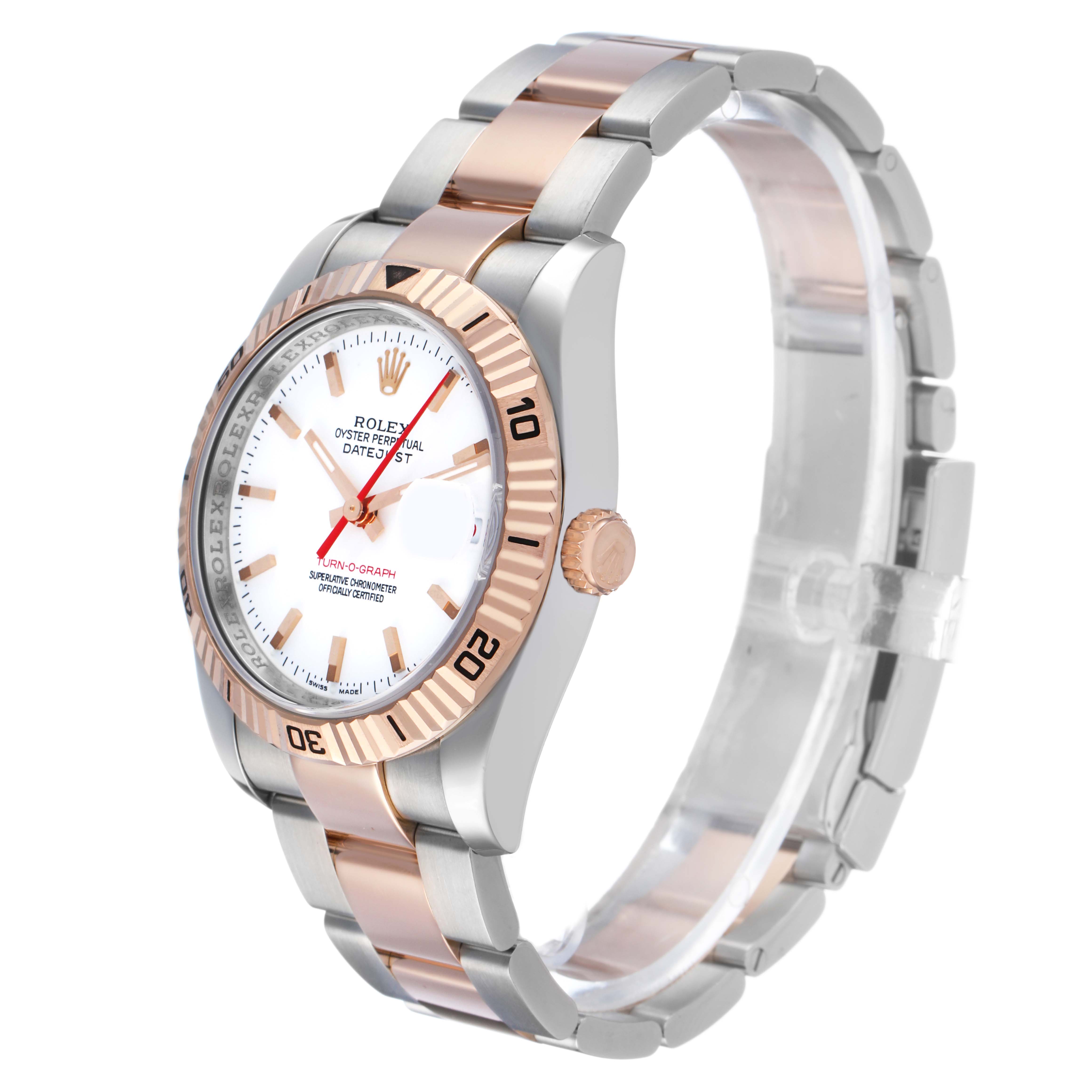 The Rolex Turn-o-Graph 116261 Men's Steel and Gold (two tone) White Dial watch is shown at a slight angle highlighting its two-tone bracelet and rose gold bezel.