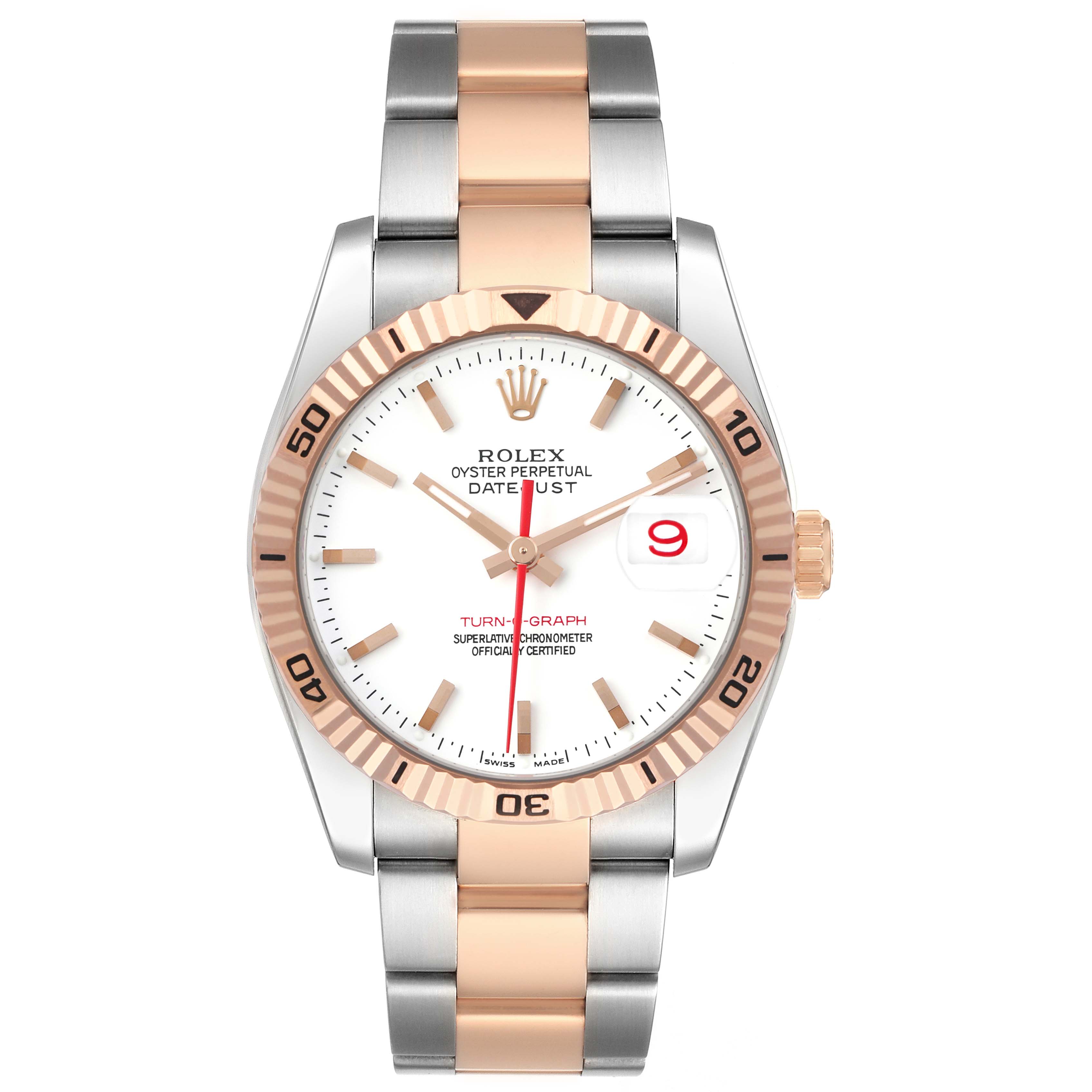 The Rolex Turn-o-Graph 116261 Men's Steel and Gold (two tone) White Dial watch is shown from a front angle, displaying its face, bezel, and two-tone bracelet.