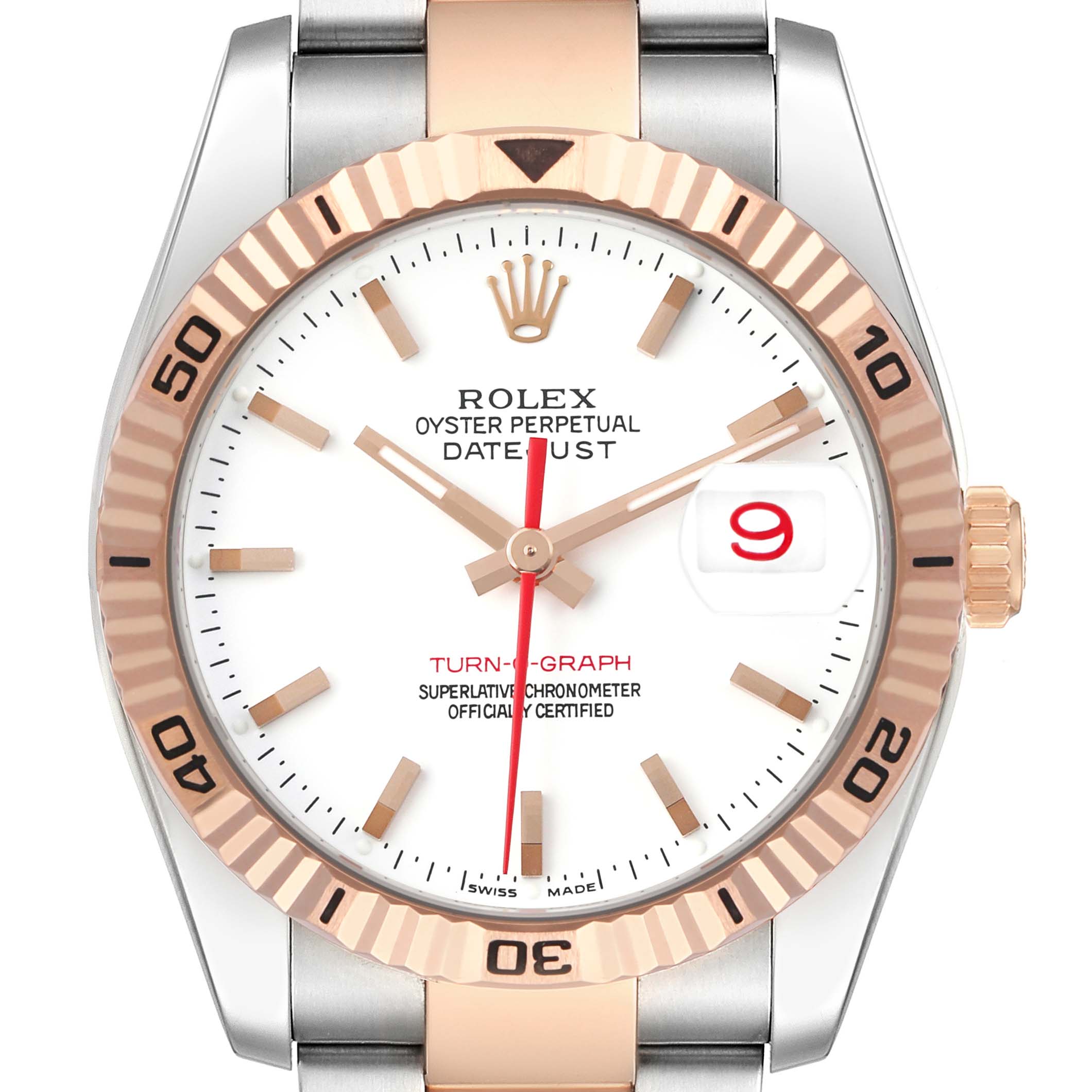 The Rolex Turn-o-Graph 116261 Men's Steel and Gold (two tone) White Dial watch is shown from a front angle, displaying its bezel, dial, crown, and markers clearly.