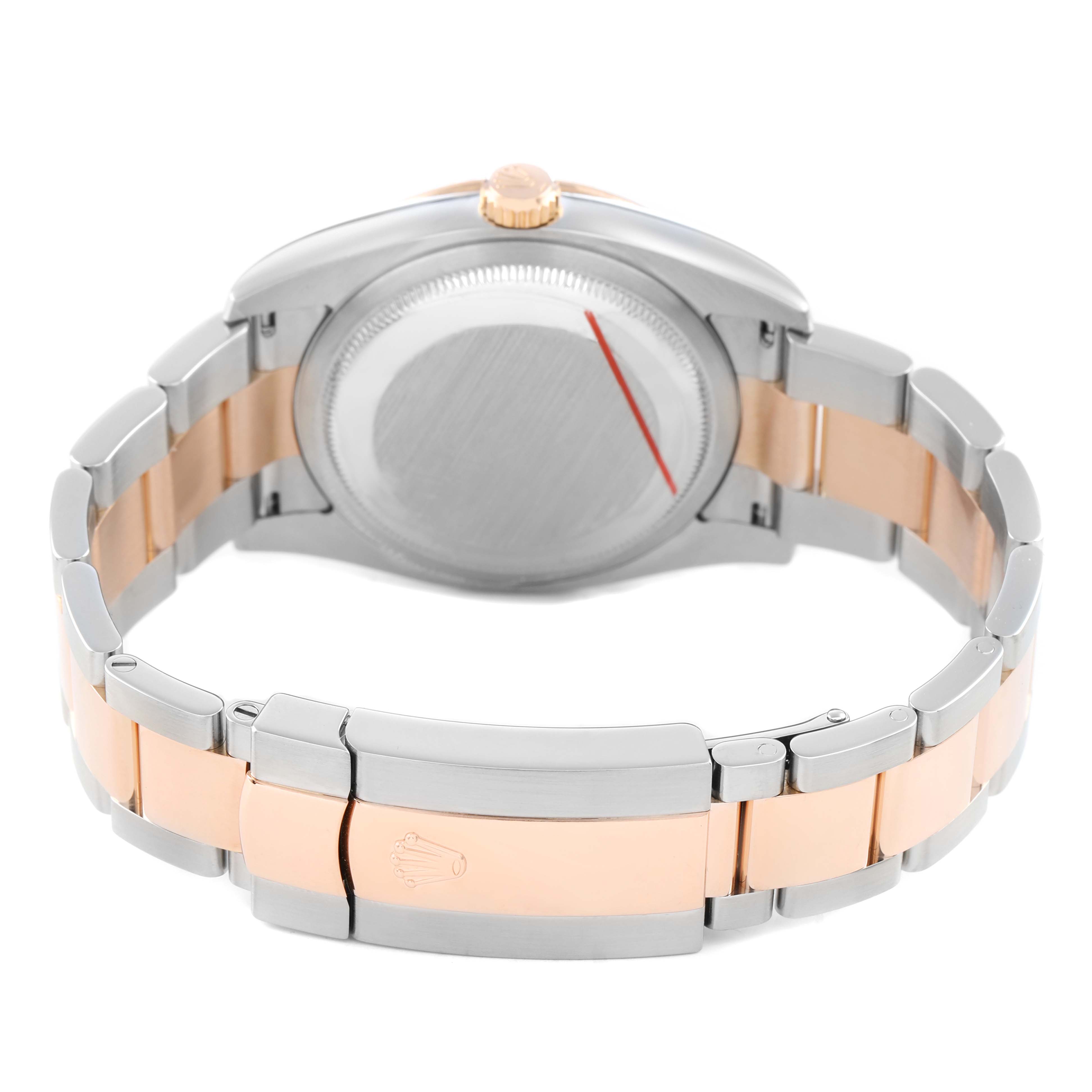 This image shows the back of the Rolex Turn-o-Graph 116261 Men's Steel and Gold (two tone) White Dial watch, focusing on the case back, crown, and two-tone bracelet from a rear angle.