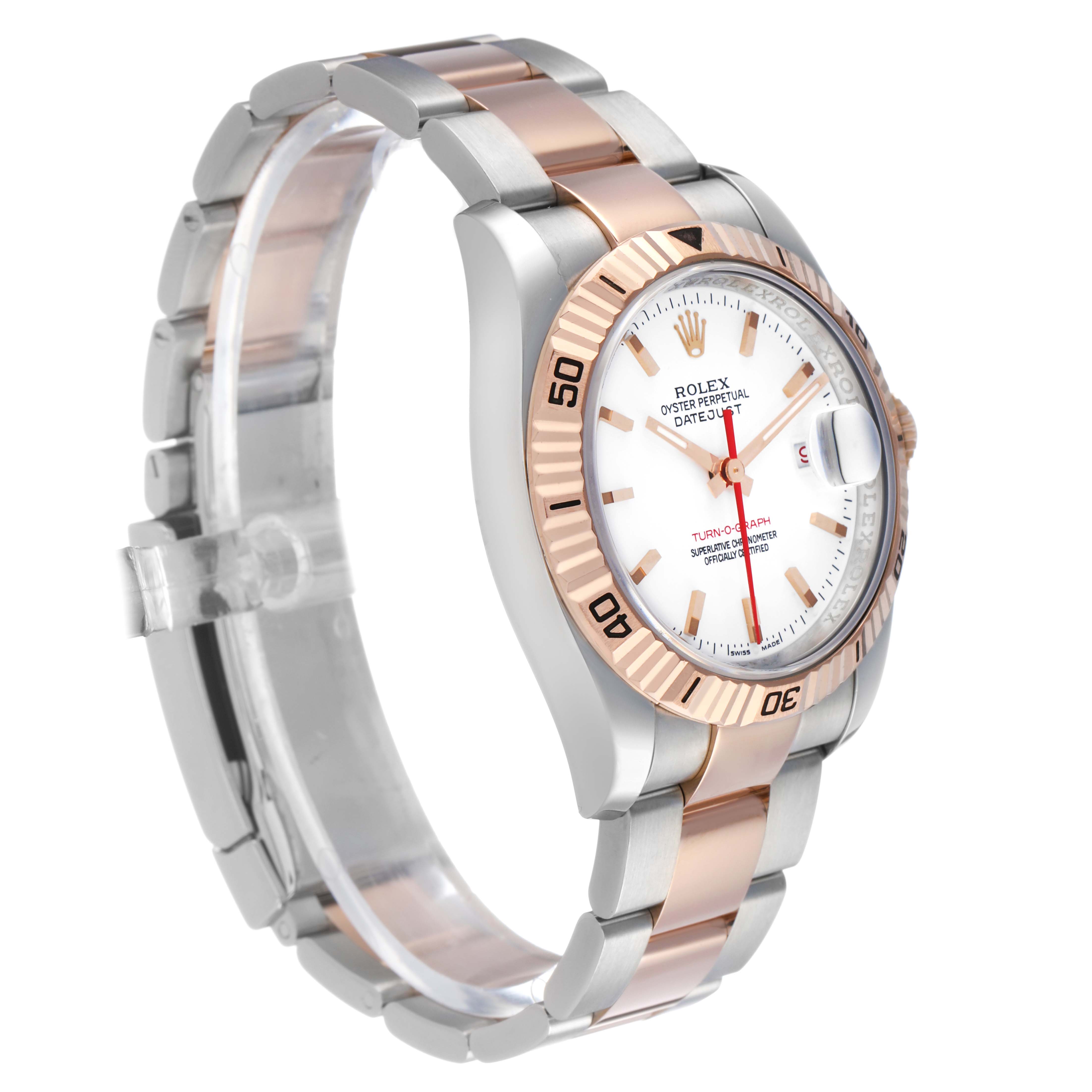 The Rolex Turn-o-Graph 116261 Men's Steel and Gold (two tone) White Dial watch is shown at a side angle, displaying its dial, bezel, and part of the bracelet.