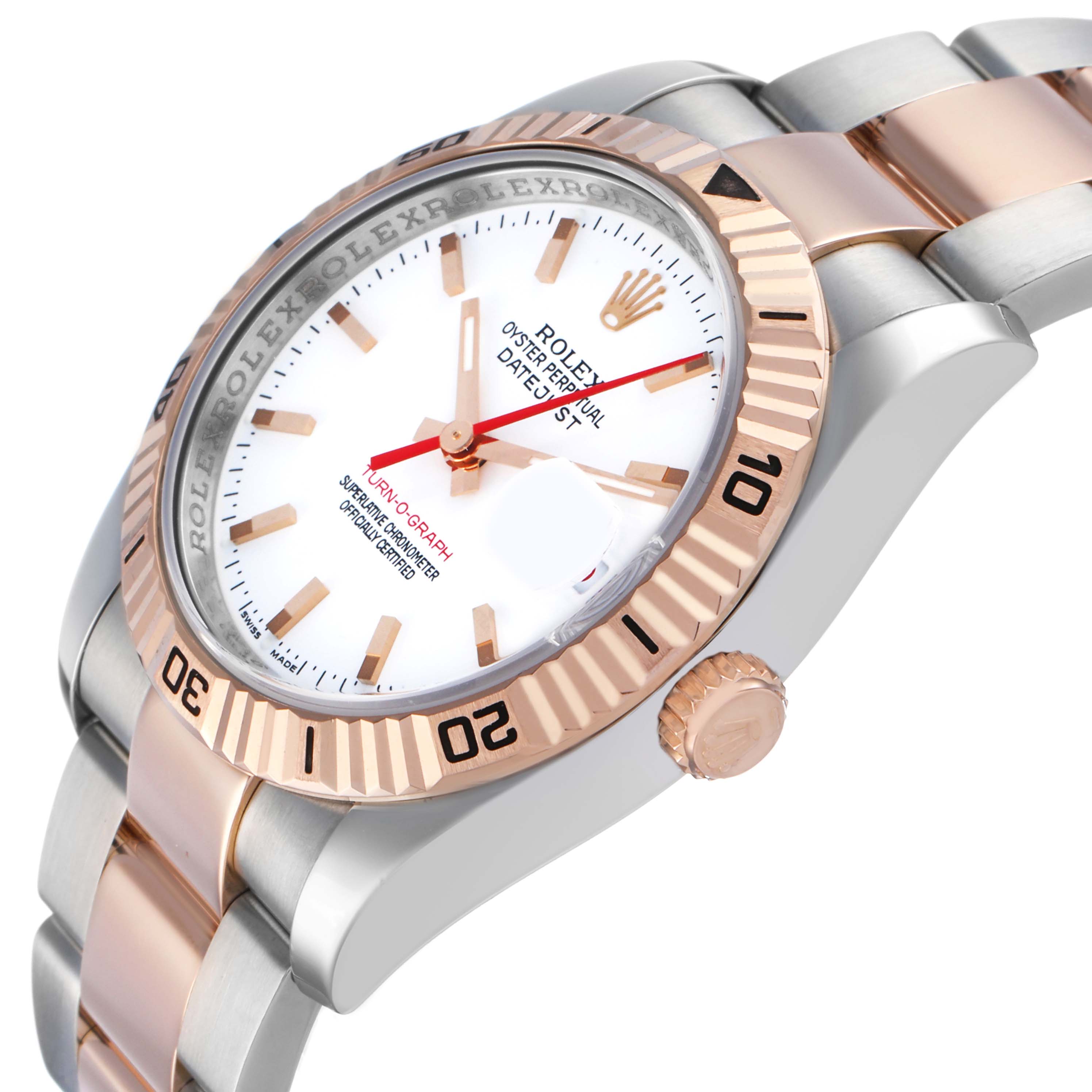 The Rolex Turn-o-Graph 116261 Men's Steel and Gold (two tone) White Dial watch is shown at an angle highlighting the bezel, dial, crown, and bracelet.