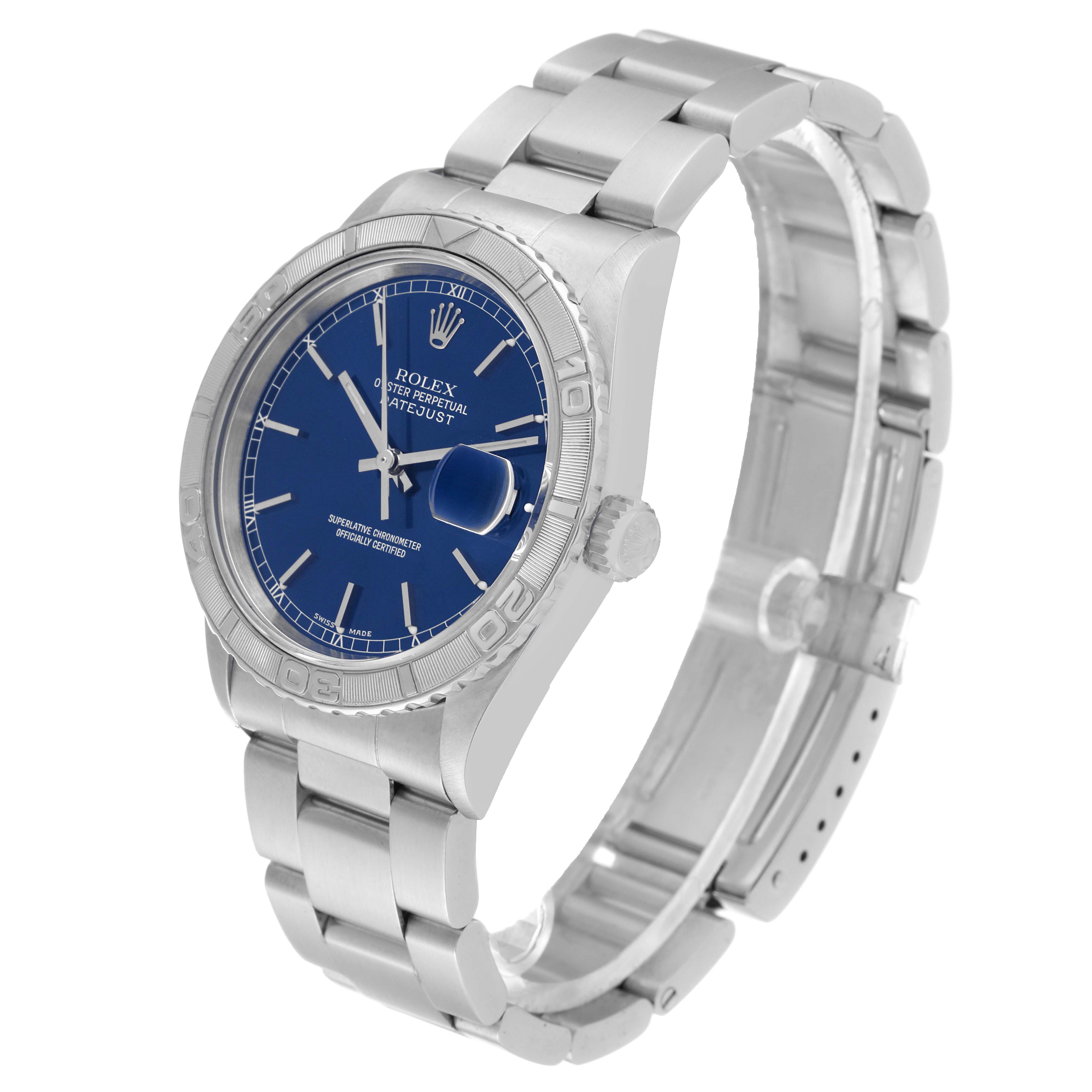 The image shows a Rolex Turn-o-Graph 16264 Men
s Stainless Steel Blue Dial 16264 Men
s Stainless Steel Blue Dial watch at a three-quarter angle displaying the face, bezel, band, and crown.