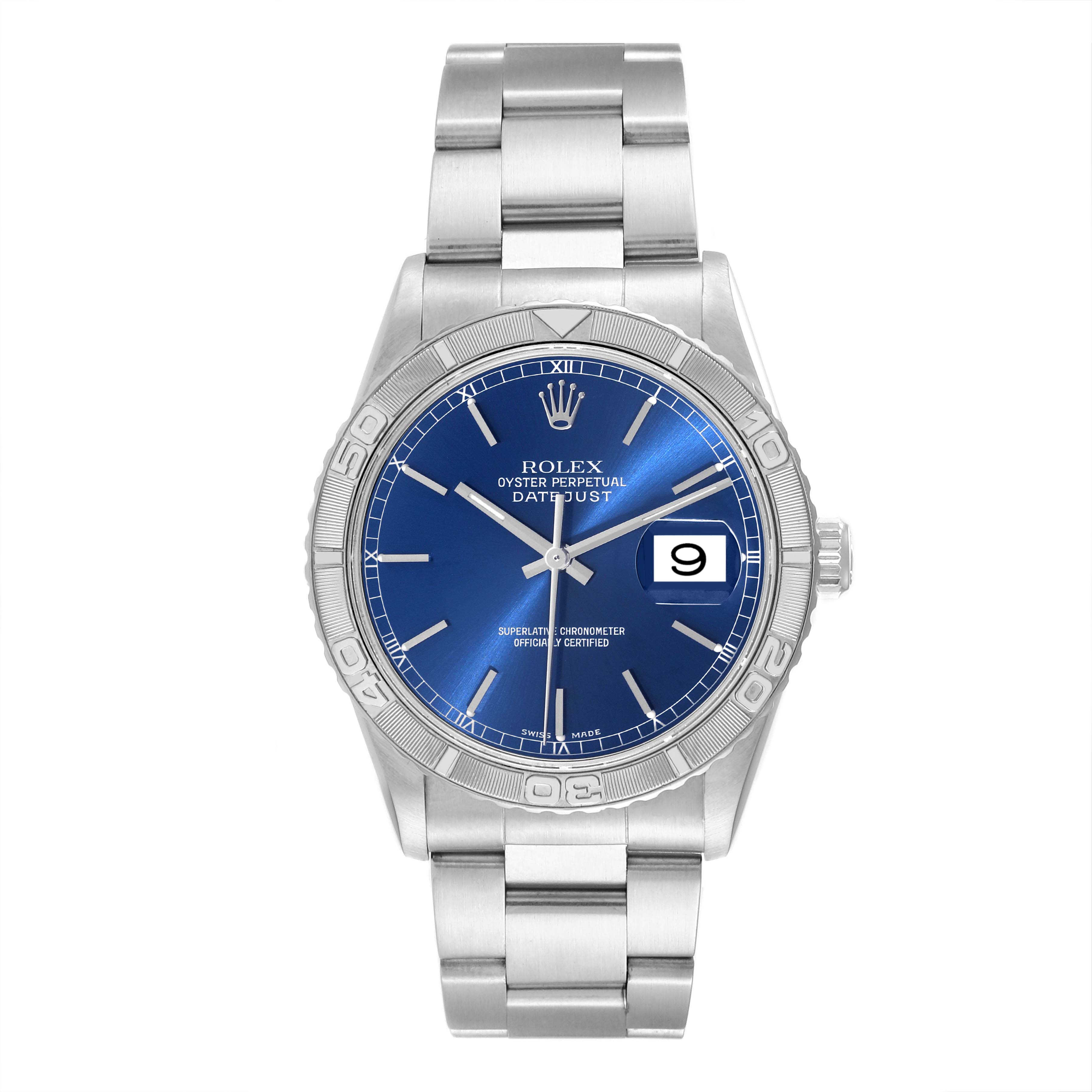 The image shows a front view of the Rolex Turn-o-Graph 16264 Men
s Stainless Steel Blue Dial 16264 Men
s Stainless Steel Blue Dial watch, displaying its blue dial, date window, and stainless steel bracelet.