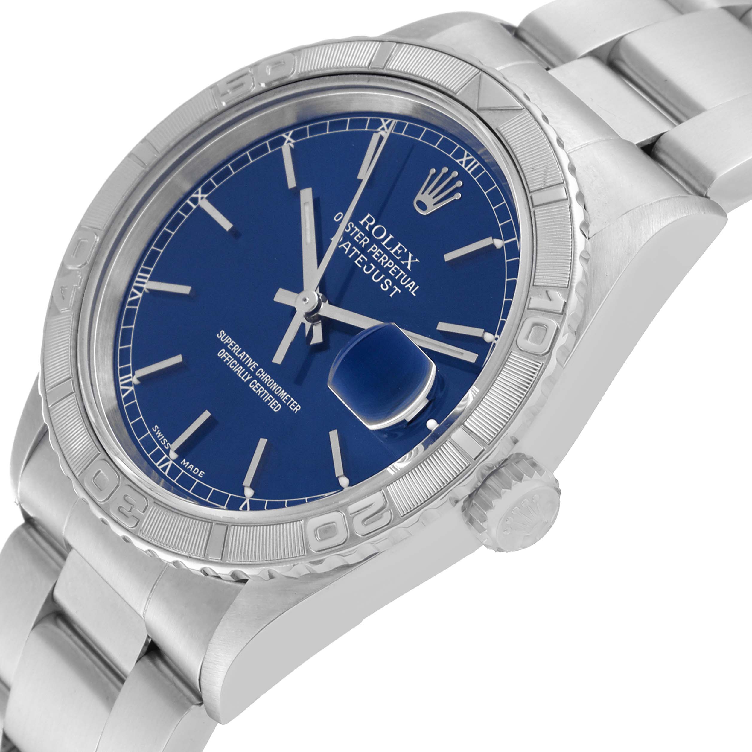 This image shows a Rolex Turn-o-Graph 16264 Men
s Stainless Steel Blue Dial 16264 Men
s Stainless Steel Blue Dial watch angled to highlight its blue dial, bezel, case, and bracelet.