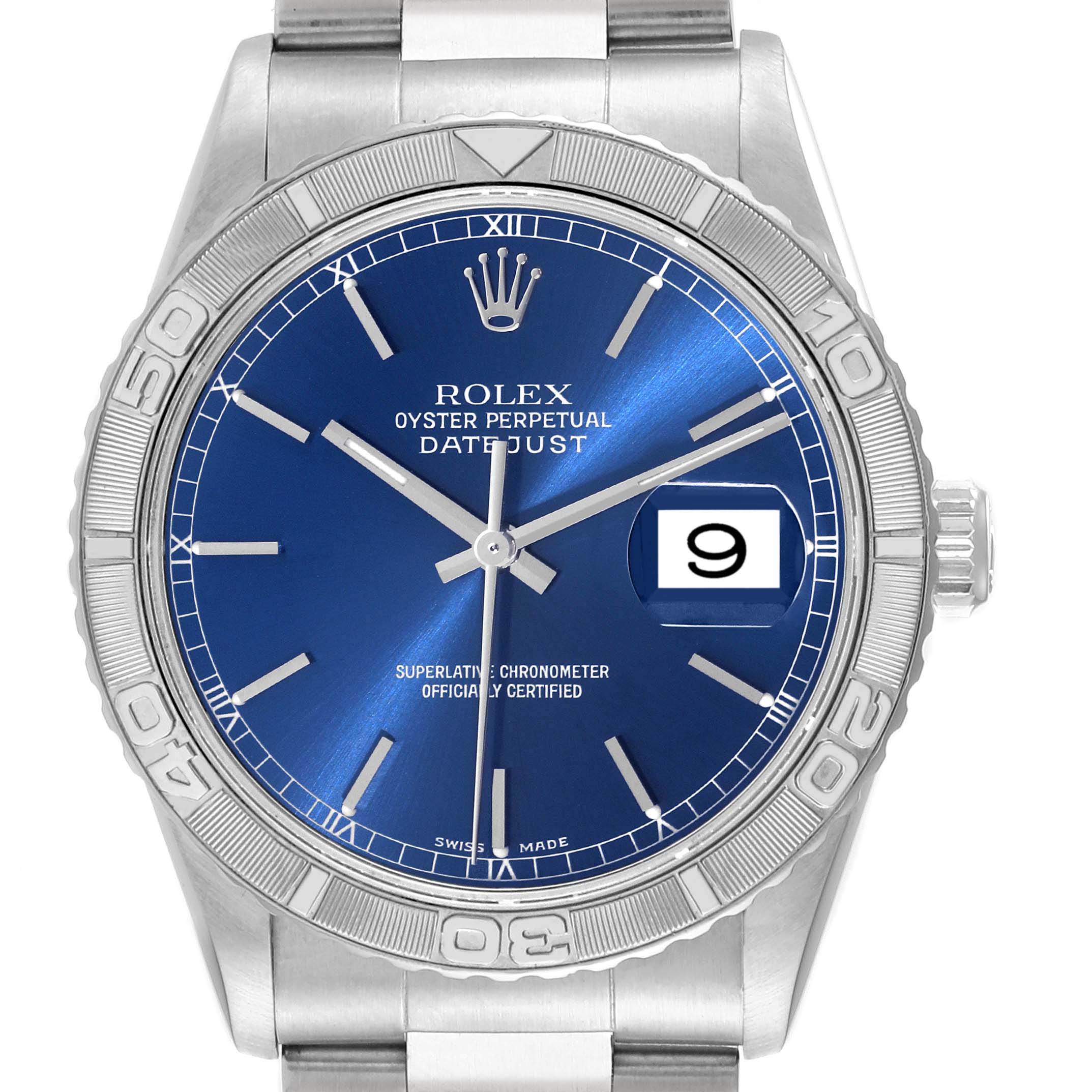 The image shows a front view of a Rolex Turn-o-Graph 16264 Men
s Stainless Steel Blue Dial 16264 Men
s Stainless Steel Blue Dial watch, displaying its blue dial, date window, and bezel markings.