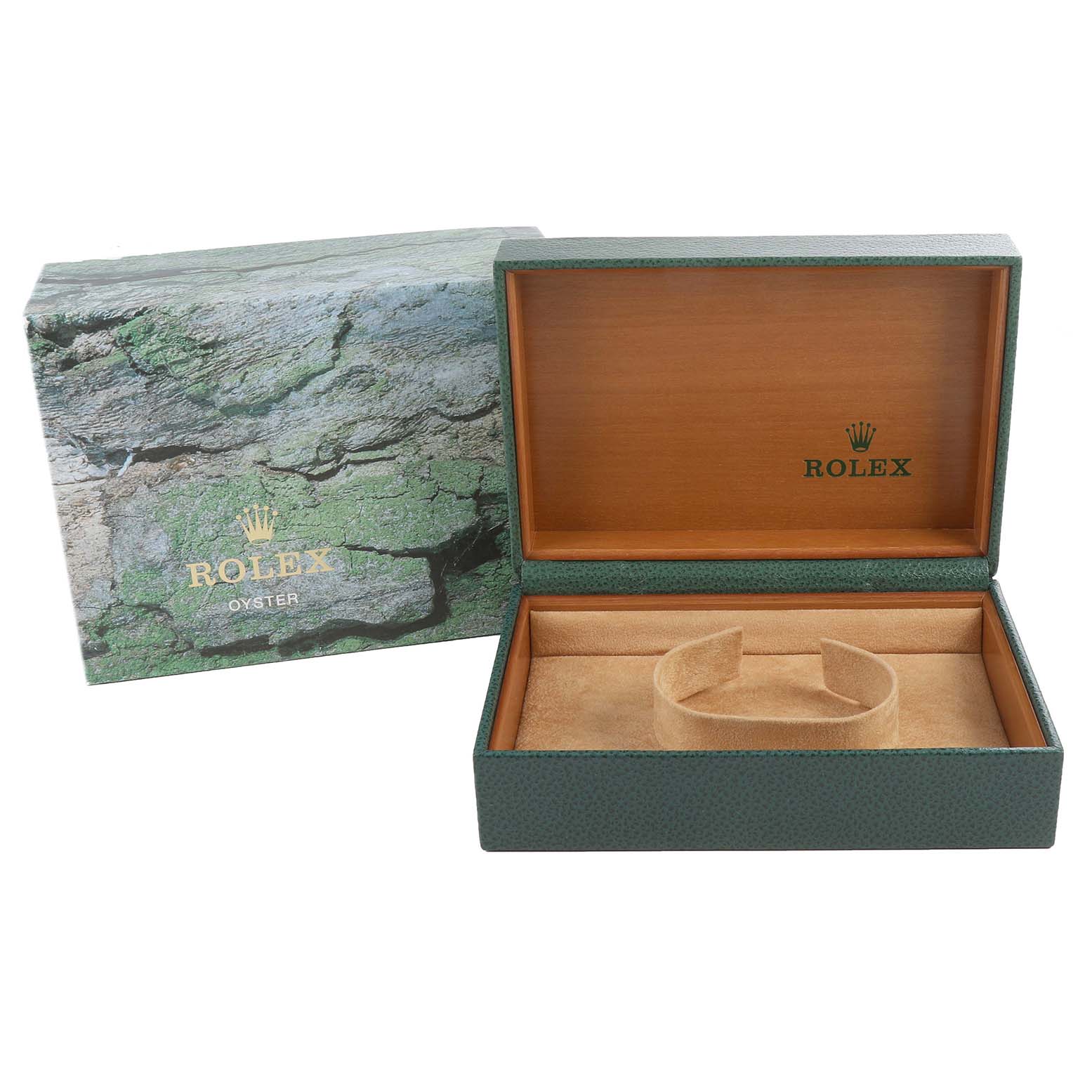 The image shows an open Rolex Turn-o-Graph 16264 Men
s Stainless Steel Blue Dial 16264 Men
s Stainless Steel Blue Dial watch box and its outer packaging, displayed from a front angle.