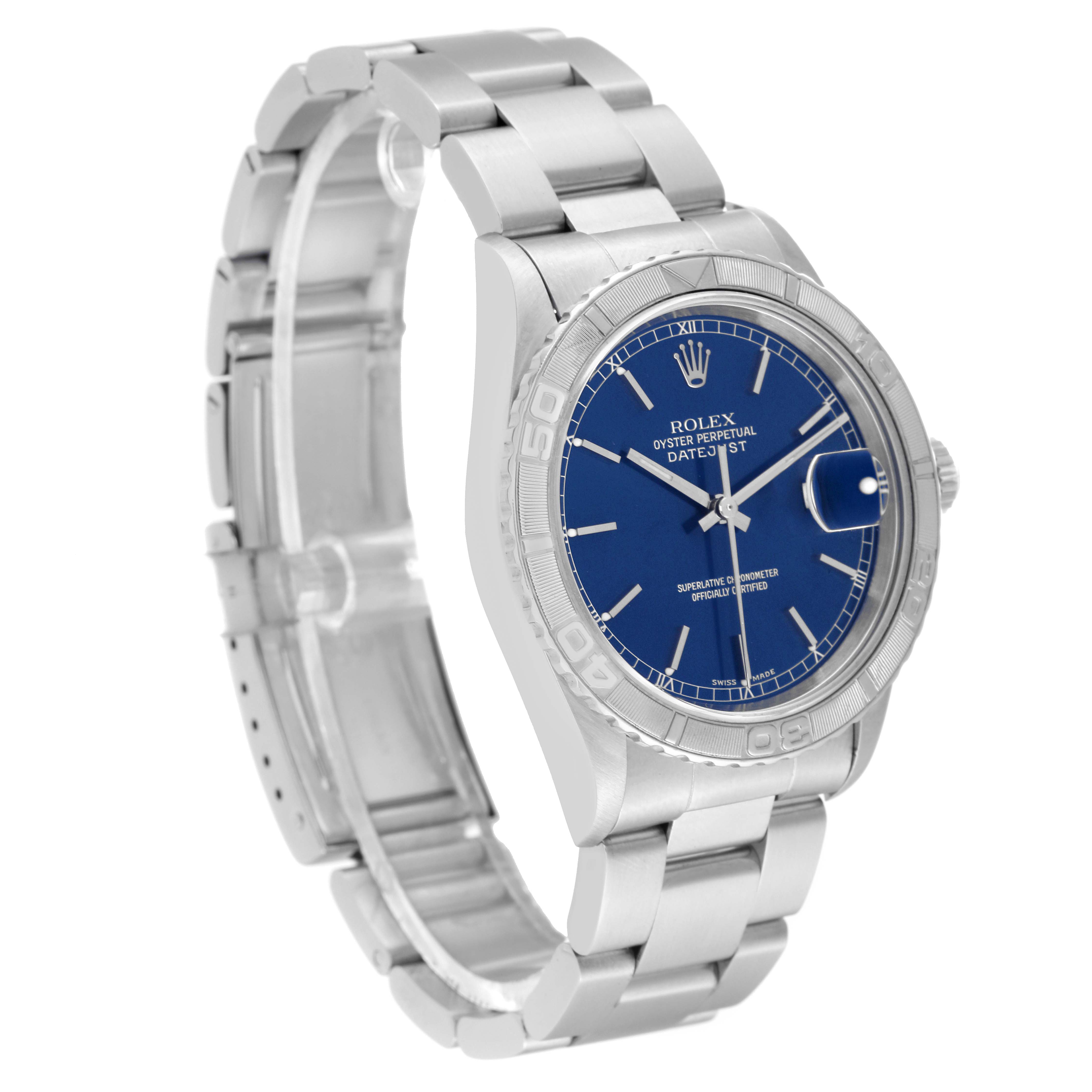 This image shows a side angle of the Rolex Turn-o-Graph 16264 Men
s Stainless Steel Blue Dial 16264 Men
s Stainless Steel Blue Dial watch, highlighting its blue dial, bezel, bracelet, and partially visible clasp.