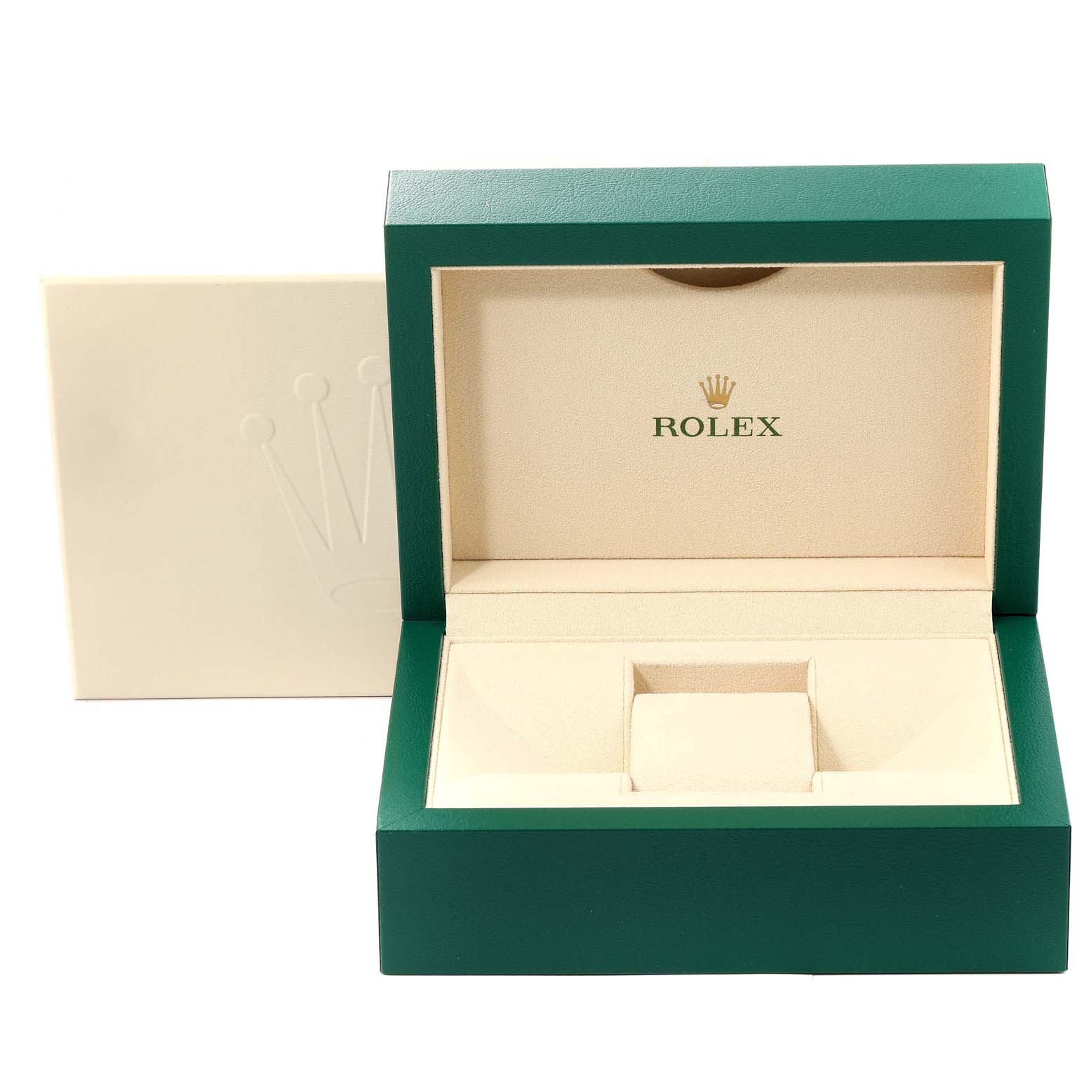 The image shows an open Rolex President 228235 Men's Rose Gold Brown Dial 228235 Men's Rose Gold Brown Dial model watch box with green exterior and beige interior.