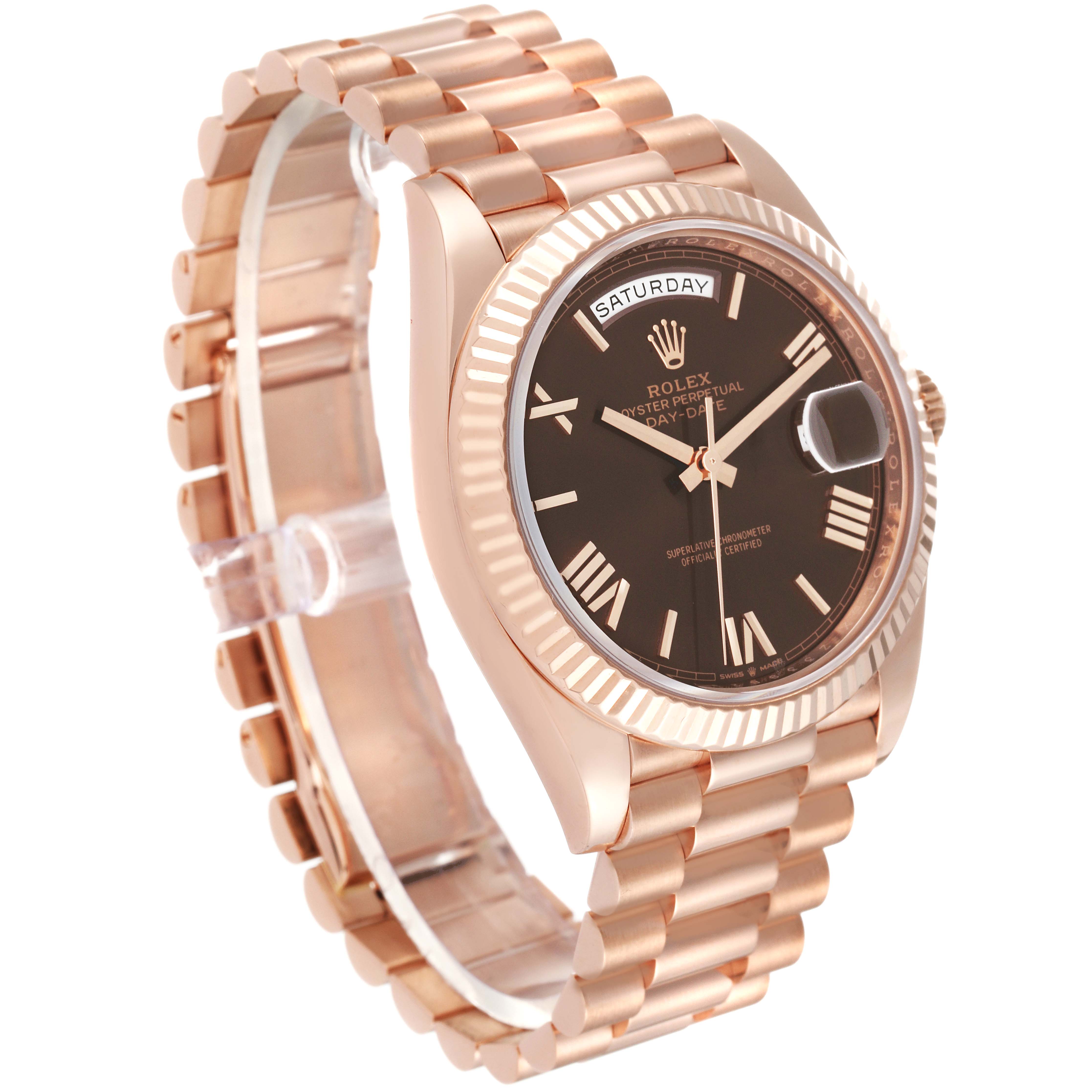 The image shows a side angle of a Rolex President 228235 Men's Rose Gold Brown Dial 228235 Men's Rose Gold Brown Dial model watch, displaying the face, bezel, and bracelet.
