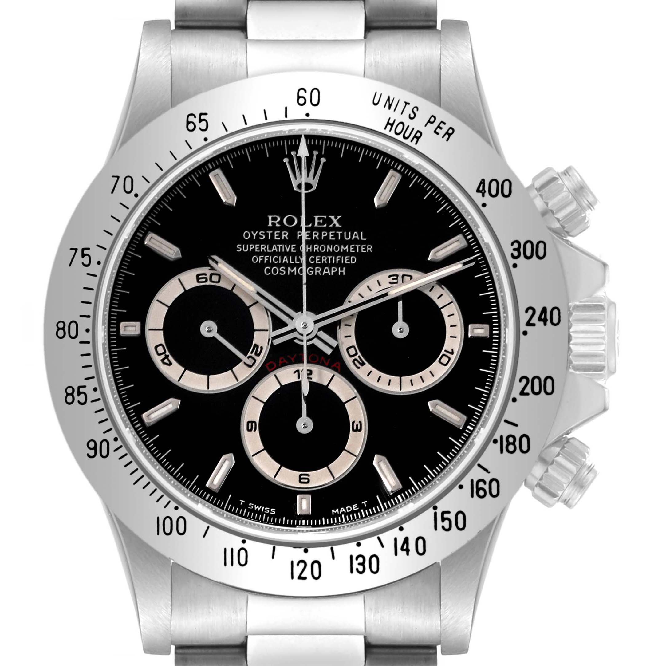 This image shows a front view of a Rolex Daytona 16520 Men's Stainless Steel Black Dial 16520 Men's Stainless Steel Black Dial watch, highlighting the face, bezel, and crown.