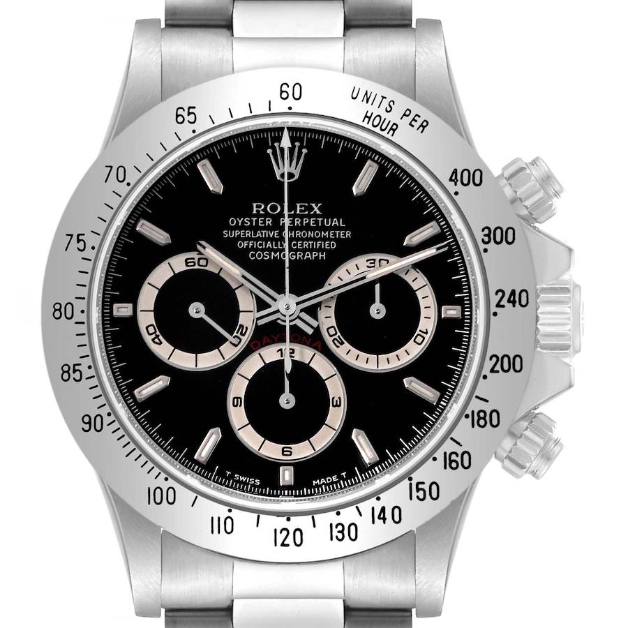 This image shows a front view of a Rolex Daytona watch, highlighting the face, bezel, and crown.