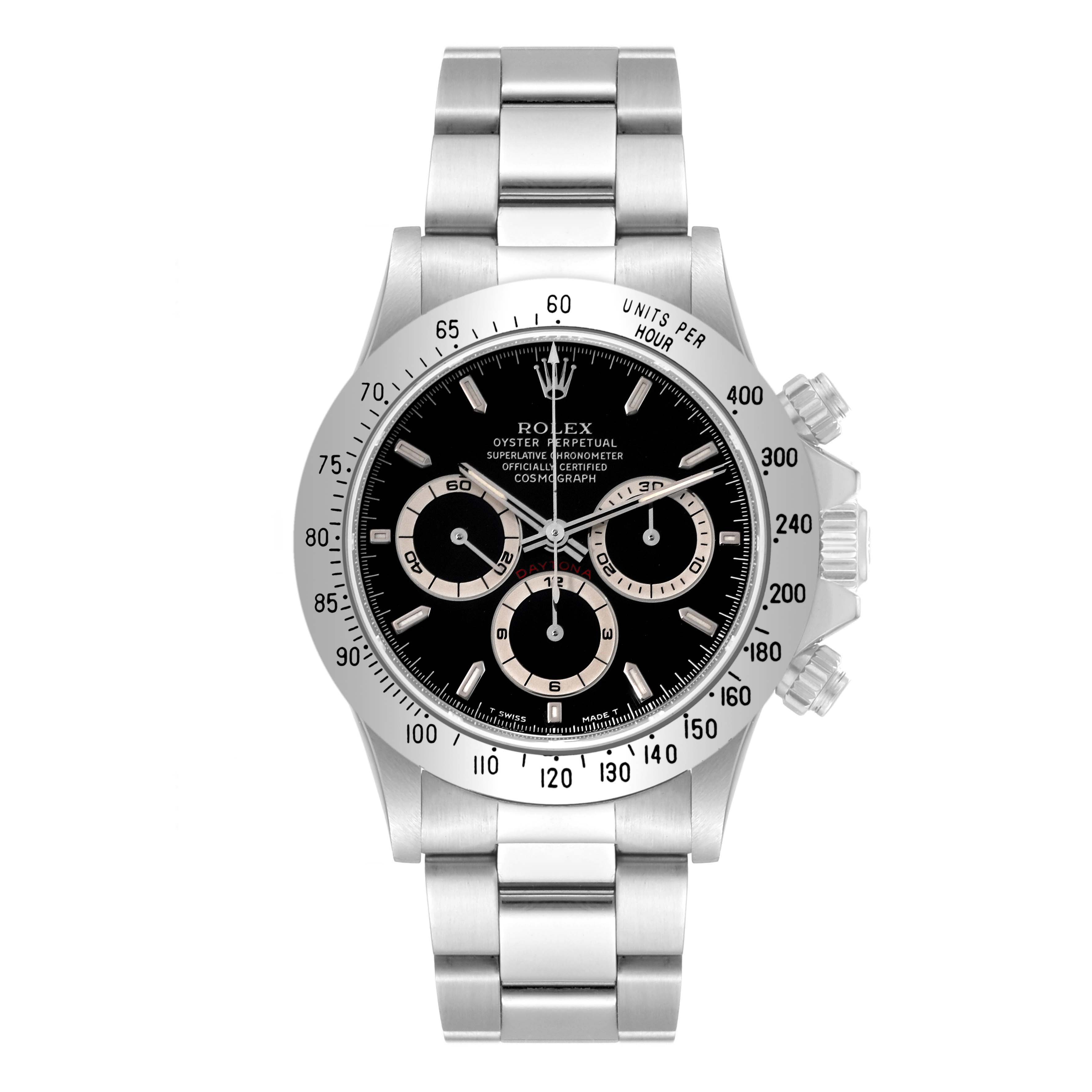 The Rolex Daytona 16520 Men's Stainless Steel Black Dial 16520 Men's Stainless Steel Black Dial watch is shown from a front angle, displaying its dial, bezel, case, and stainless steel bracelet.