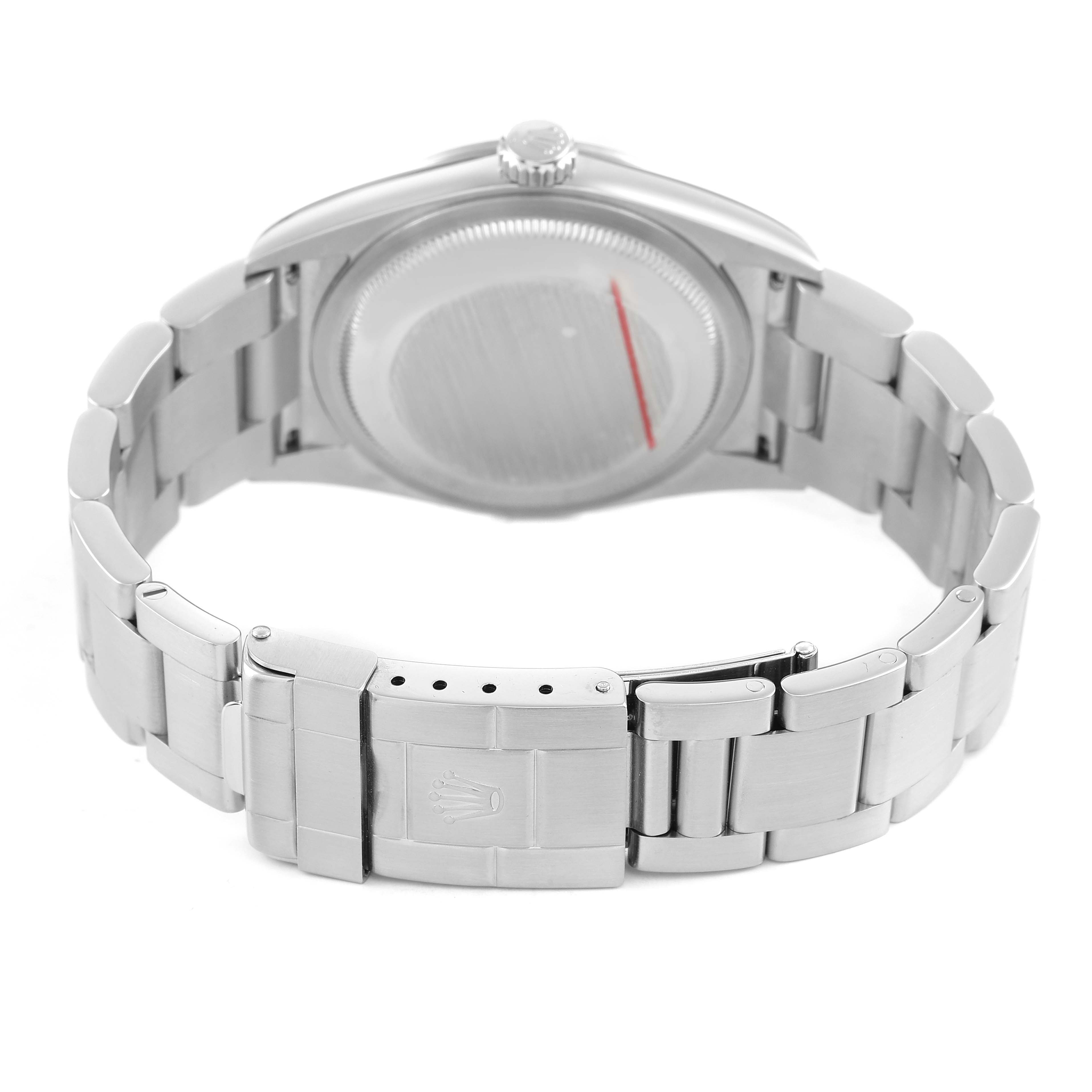 The image shows the back and clasp of a Rolex Explorer 114270 Men's Stainless Steel Black Dial watch, highlighting the bracelet and case back features.