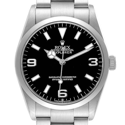 The Rolex Explorer 114270 Men's Stainless Steel Black Dial watch is shown from a front angle, displaying the face, bezel, and part of the bracelet.