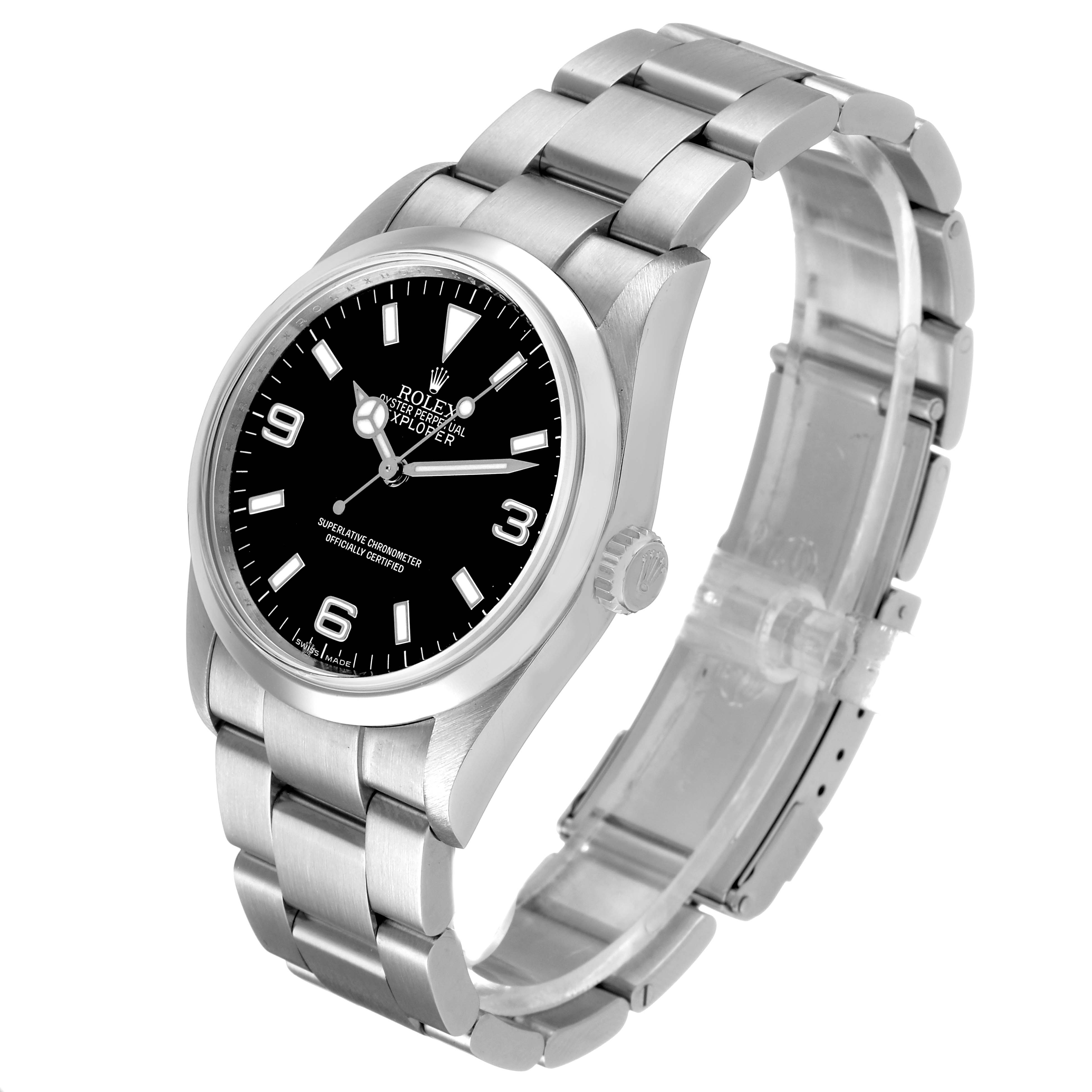 The Rolex Explorer 114270 Men's Stainless Steel Black Dial watch is shown at a side angle, displaying its face, bezel, bracelet, and part of the clasp.