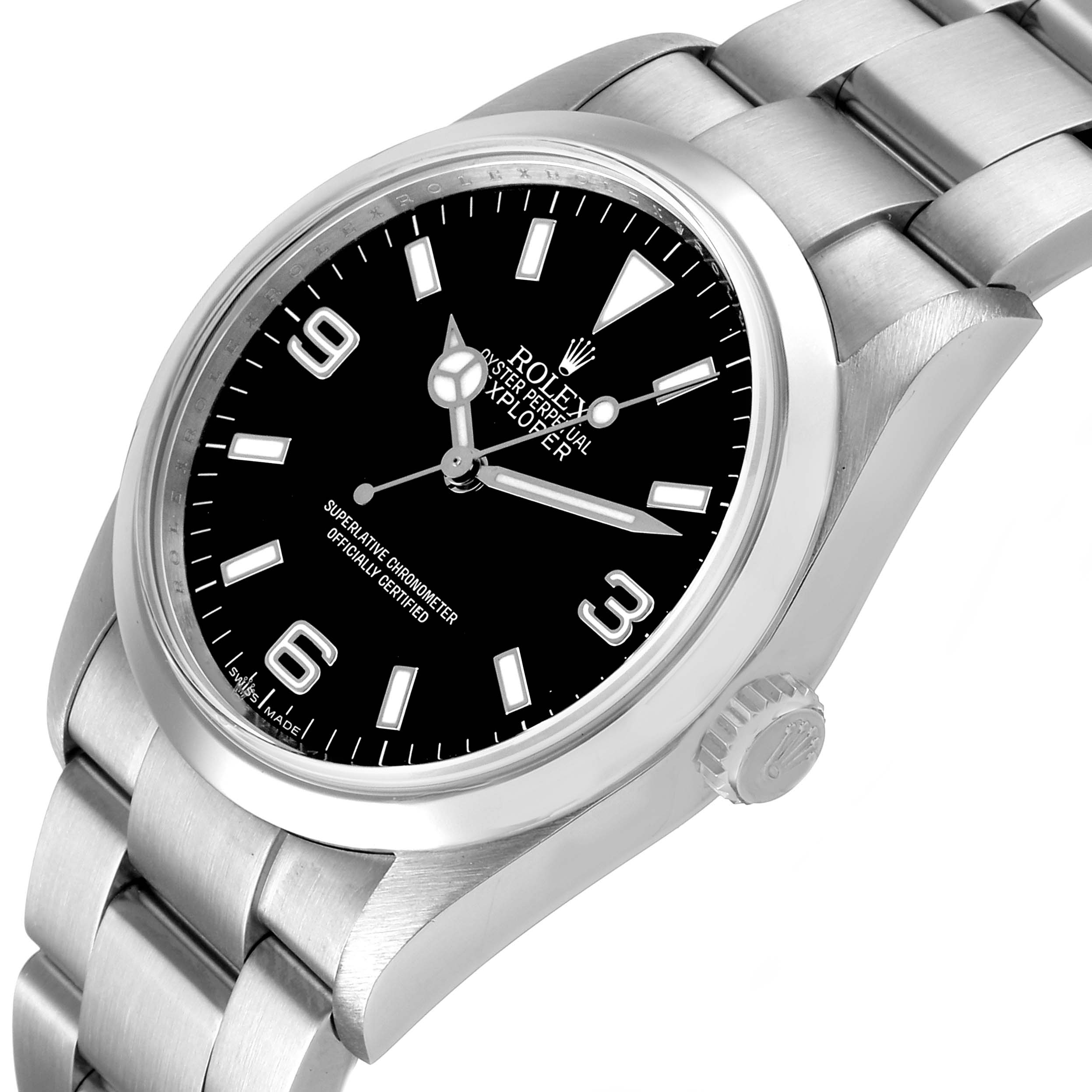 The Rolex Explorer 114270 Men's Stainless Steel Black Dial watch is shown at a slight angle, highlighting the black dial, luminous markers, steel case, and bracelet.