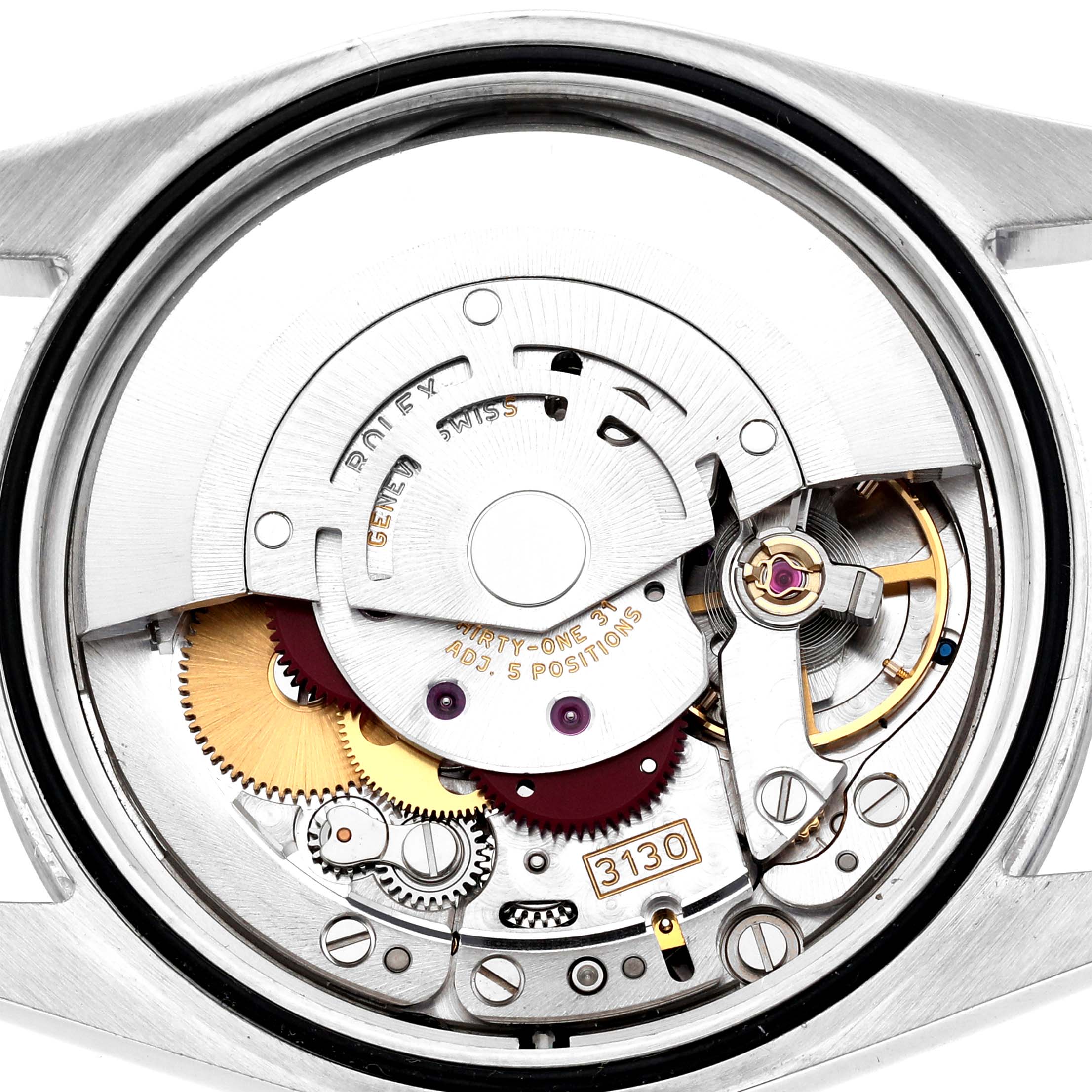 The image shows the movement of a Rolex Explorer 114270 Men's Stainless Steel Black Dial watch, highlighting gears and the rotor from a back view.