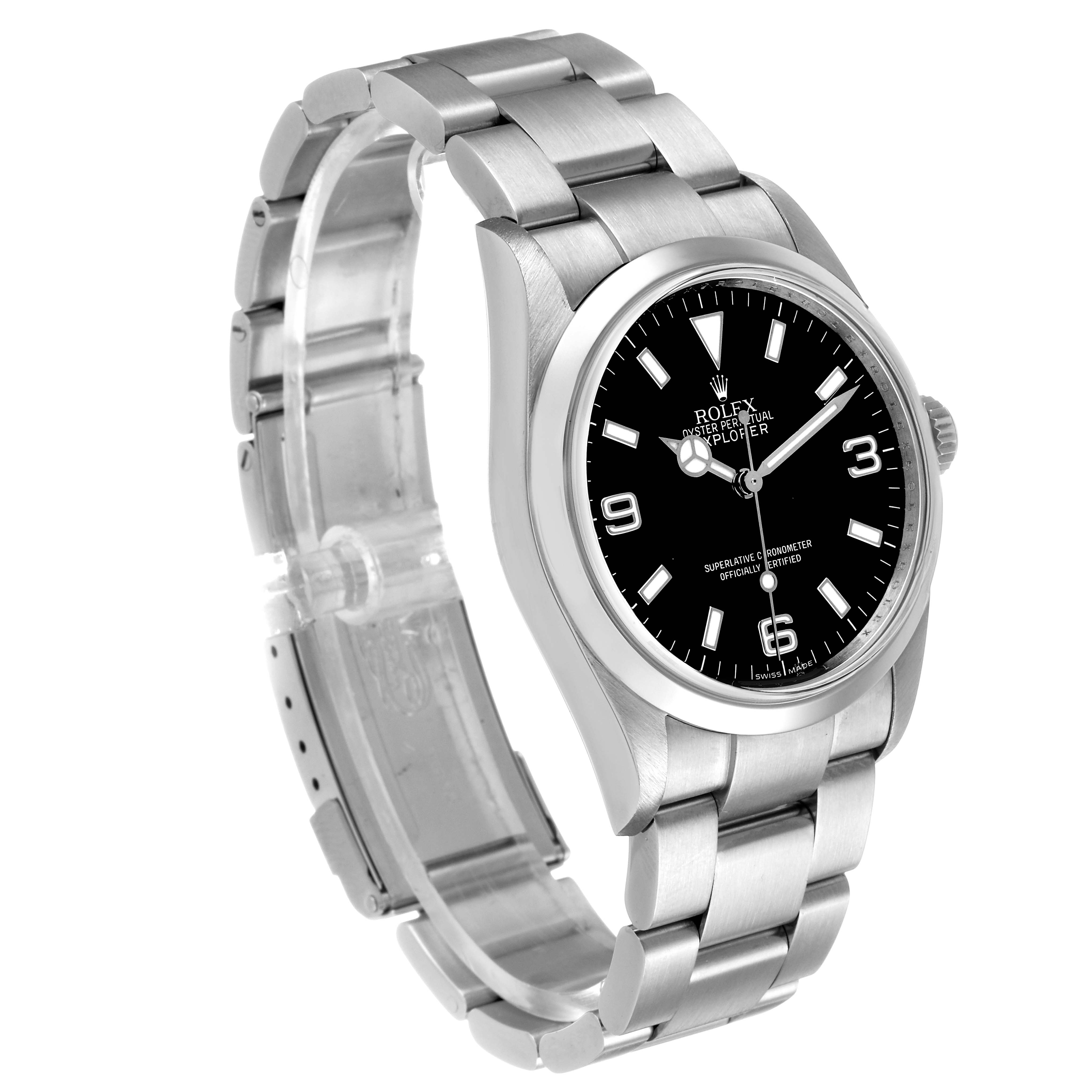 The Rolex Explorer 114270 Men's Stainless Steel Black Dial watch is shown at a three-quarter angle, highlighting its bracelet, case, and black dial.